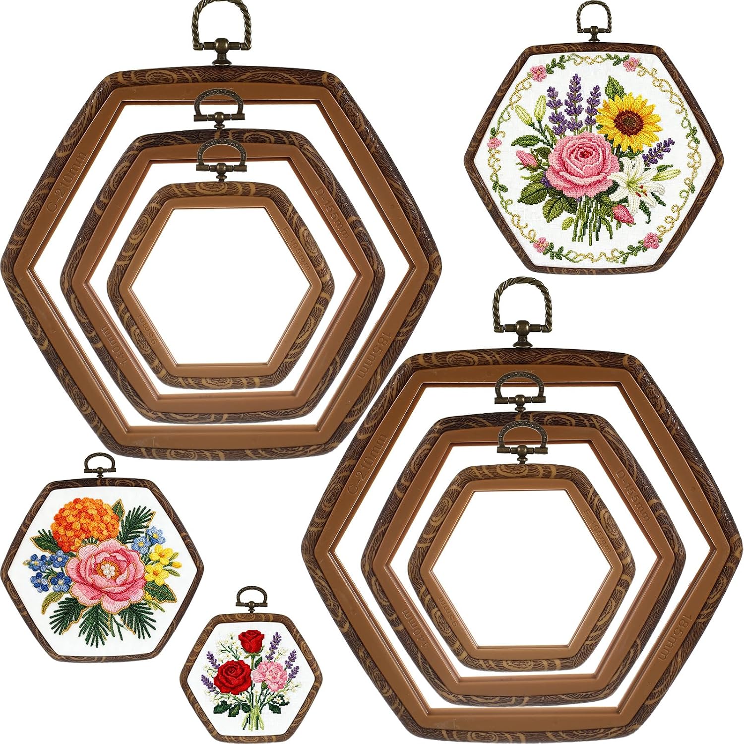 BrightRow 6 Pcs Large Embroidery Hoop Set Decorative Imitated Wood Display Frame Cross Stitch Hoop Ring for Art Craft DIY Sewing and Hanging Ornaments Decor(Hexagon,10.5+15.5+21 cm)