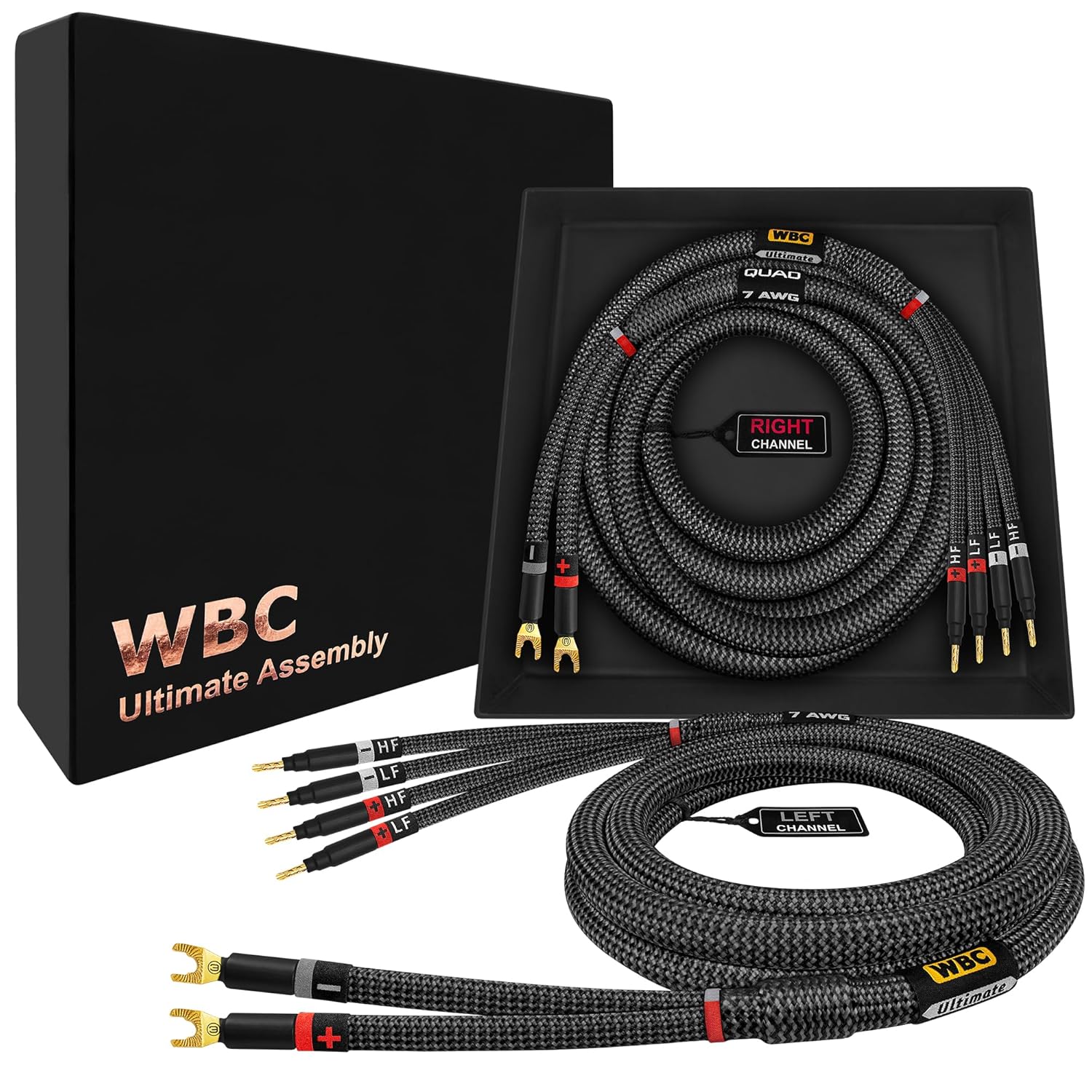 WORLDS BEST CABLES 6 Foot Ultimate - 7 AWG - Ultra-Pure OFC – Extra Premium Audiophile HiFi Bi-Wire Speaker Cable Pair with Eminence Gold Spade (x2) & Banana (x4) Plugs & Carbon Tweed Jacket