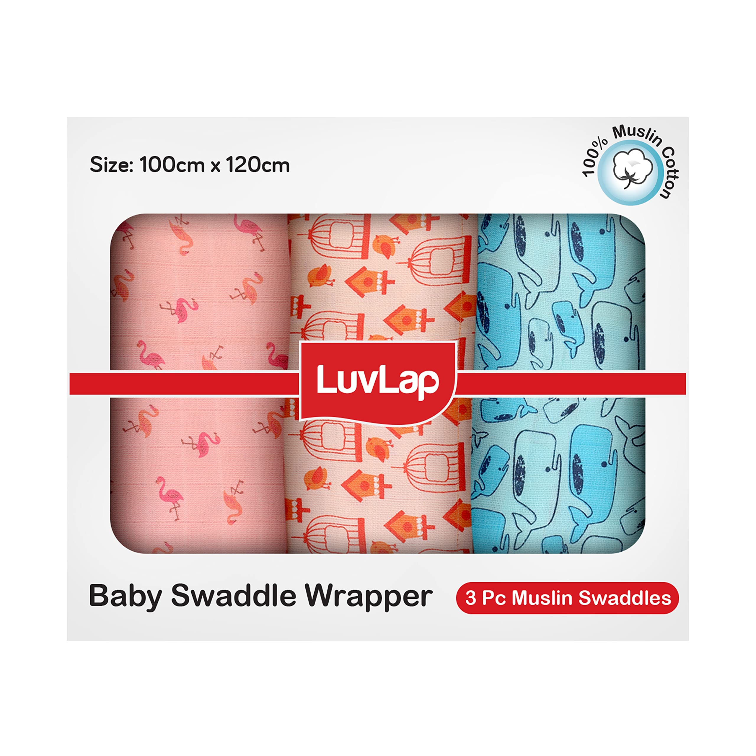 LuvLap 100% Cotton Muslin Baby Swaddle Set, Pack of 3, Size-120cm x 100cm (47"x39"), Fish Cage Print, 0-18 Month+, Printed Mulmal Muslin Swaddle Wrap for New Born Baby (B09PLBXKFJ) Amazon Price History, Amazon Price Tracker