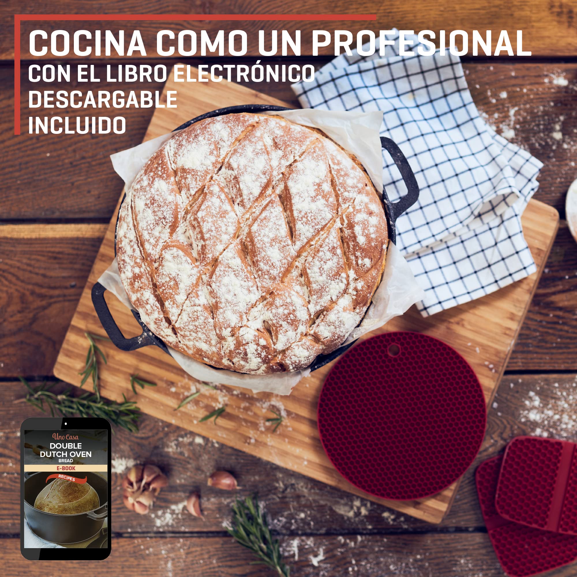 Uno Casa Olla holandesa de hierro fundido con tapa - Juego de cocina 2 en 1 presazonado con olla de 4,7 litros y sartén de 1,5 litros