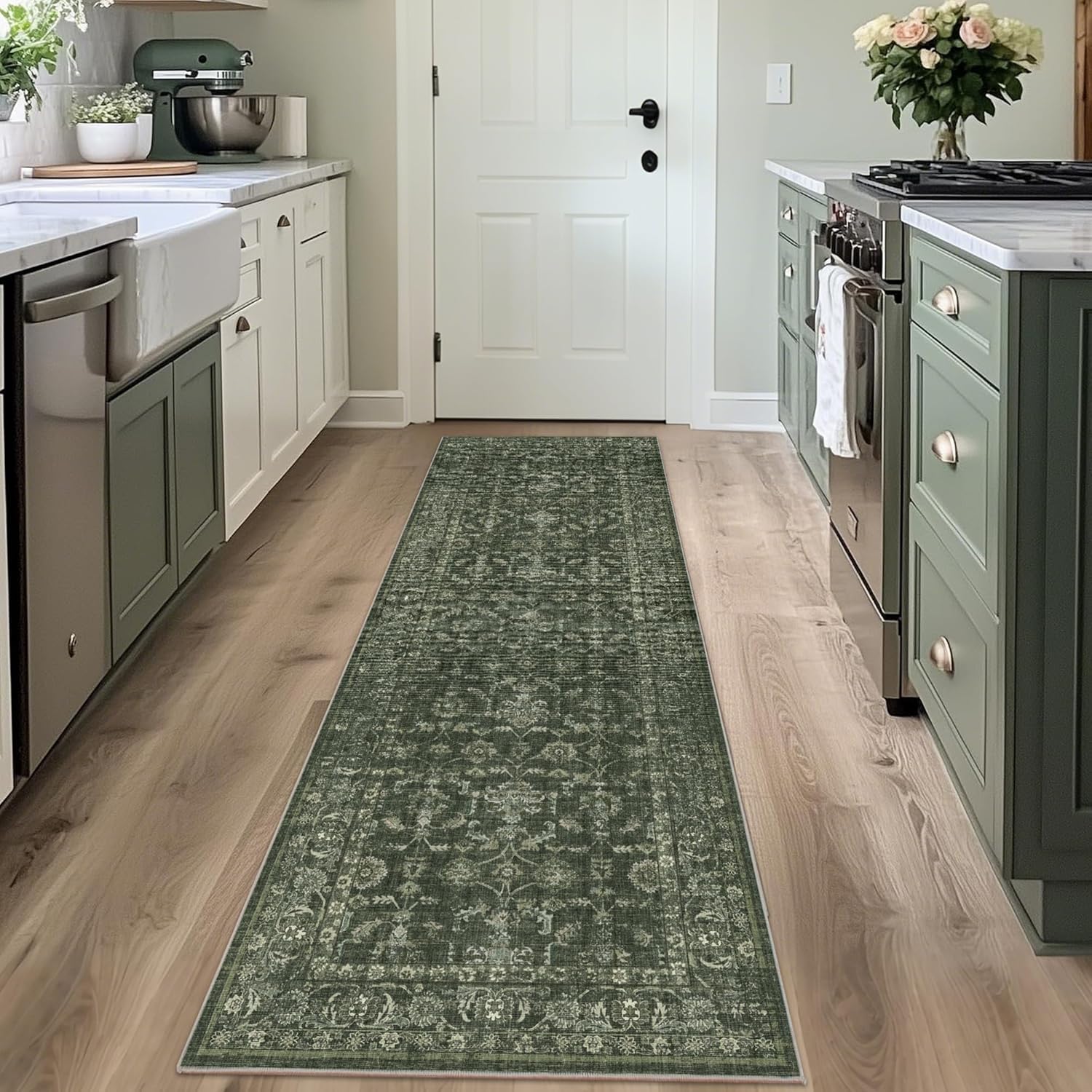Washable Area Rug 2.6x8 Green Runner Rugs for Living Room, Vintage Boho Hallway Large Rug for Bedroom Dining Room Office, Distressed Floral Carpet for Under Table, Soft Non Slip Low Pile Throw Carpet