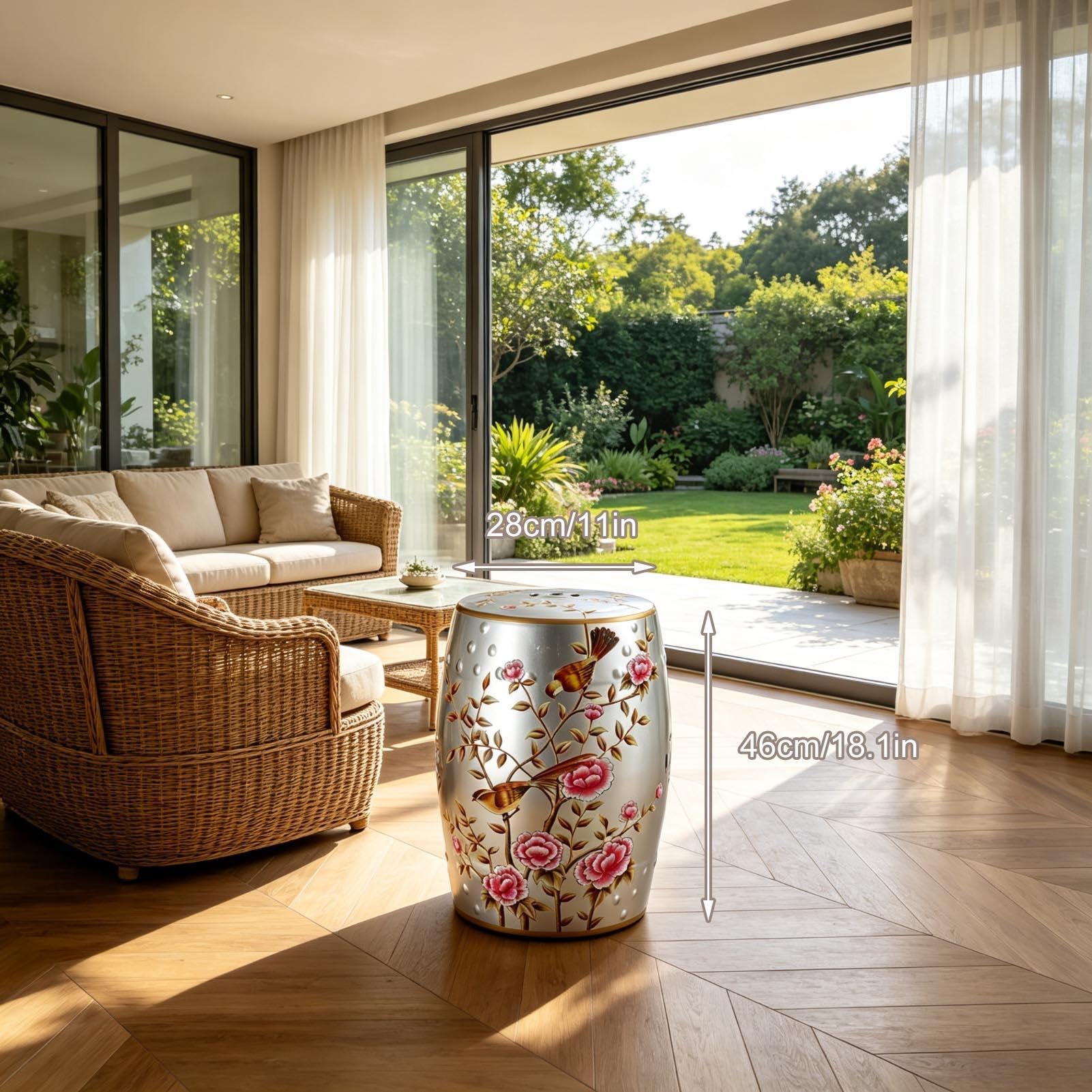 Dekoracyjny Ceramiczny Stołek Ogrodowy, Chinoiserie Na Zewnątrz Dekoracyjny Stołek Na Perkusję Wewnątrz Na Zewnątrz Stolik Boczny Na Patio W Ogrodzie Balkon Salon Łazienka(Silver)