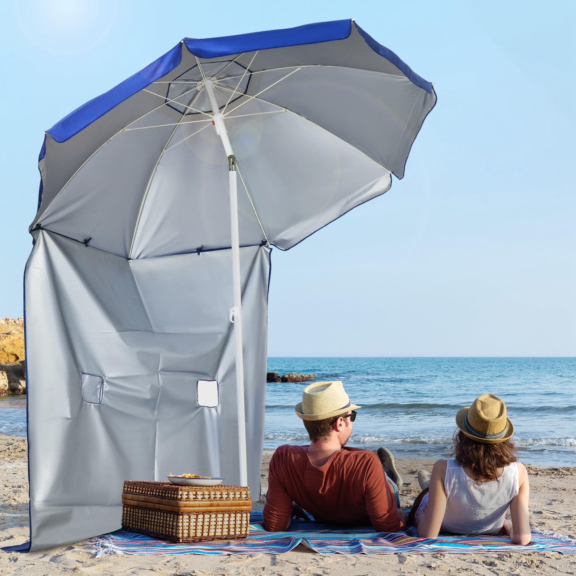 Outsunny Sombrilla de Playa con Panel Lateral Parasol Ø191x211 cm Azul | para Terraza, Manivela Manual, Techo Inclinable, 2 Bolsillos, 2 Ventanas, para Jardín Piscina
