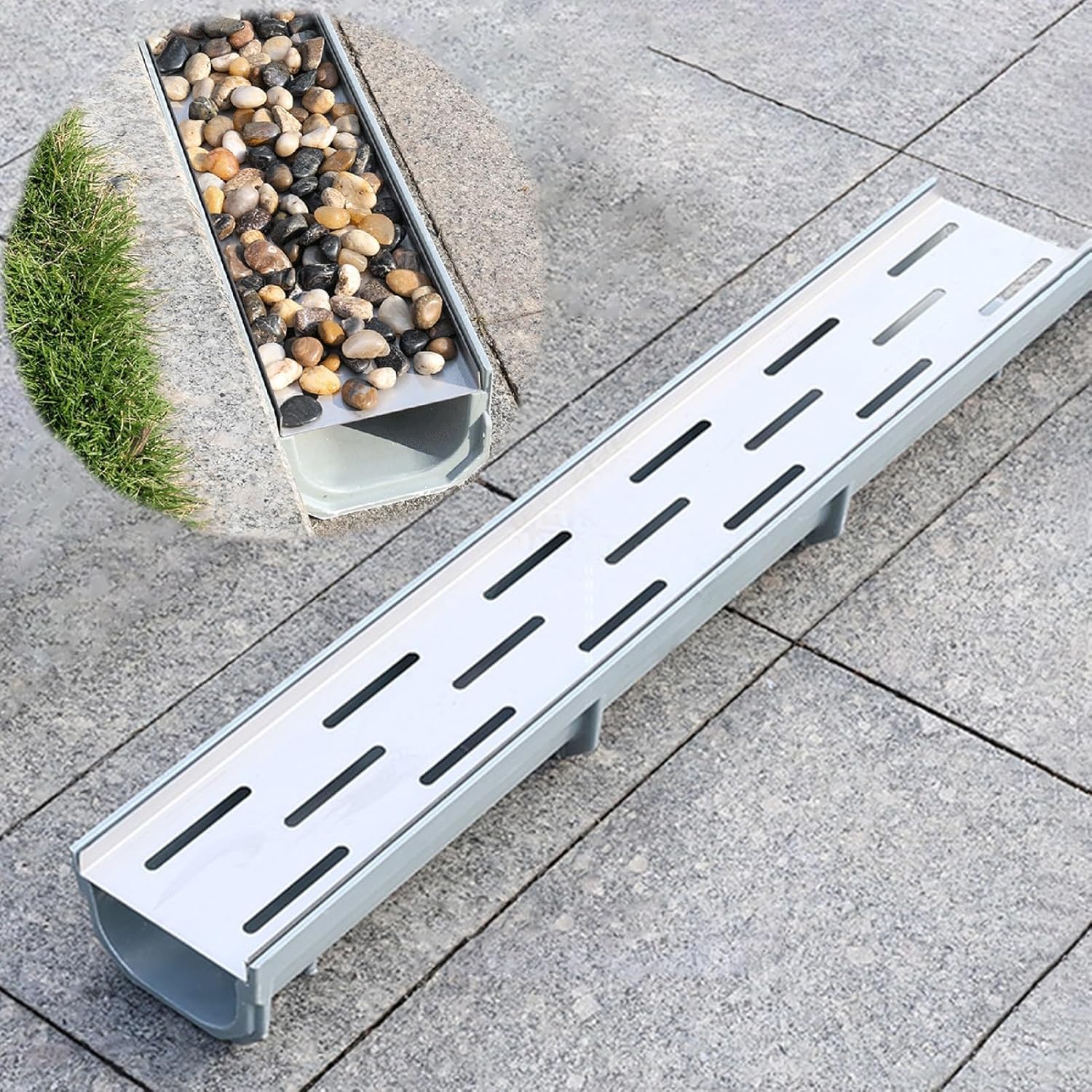 Canal de drainage pour galets sur terrasse et cour moderne
