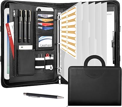 Leathario Portfolio Binder, Includes 5 Folder Index Dividers, 13 Inch Tablets Organizer with Handle, Vegan Leather A4 Padfolio, Multi-Pocket Notepad Business Planner Professional Document