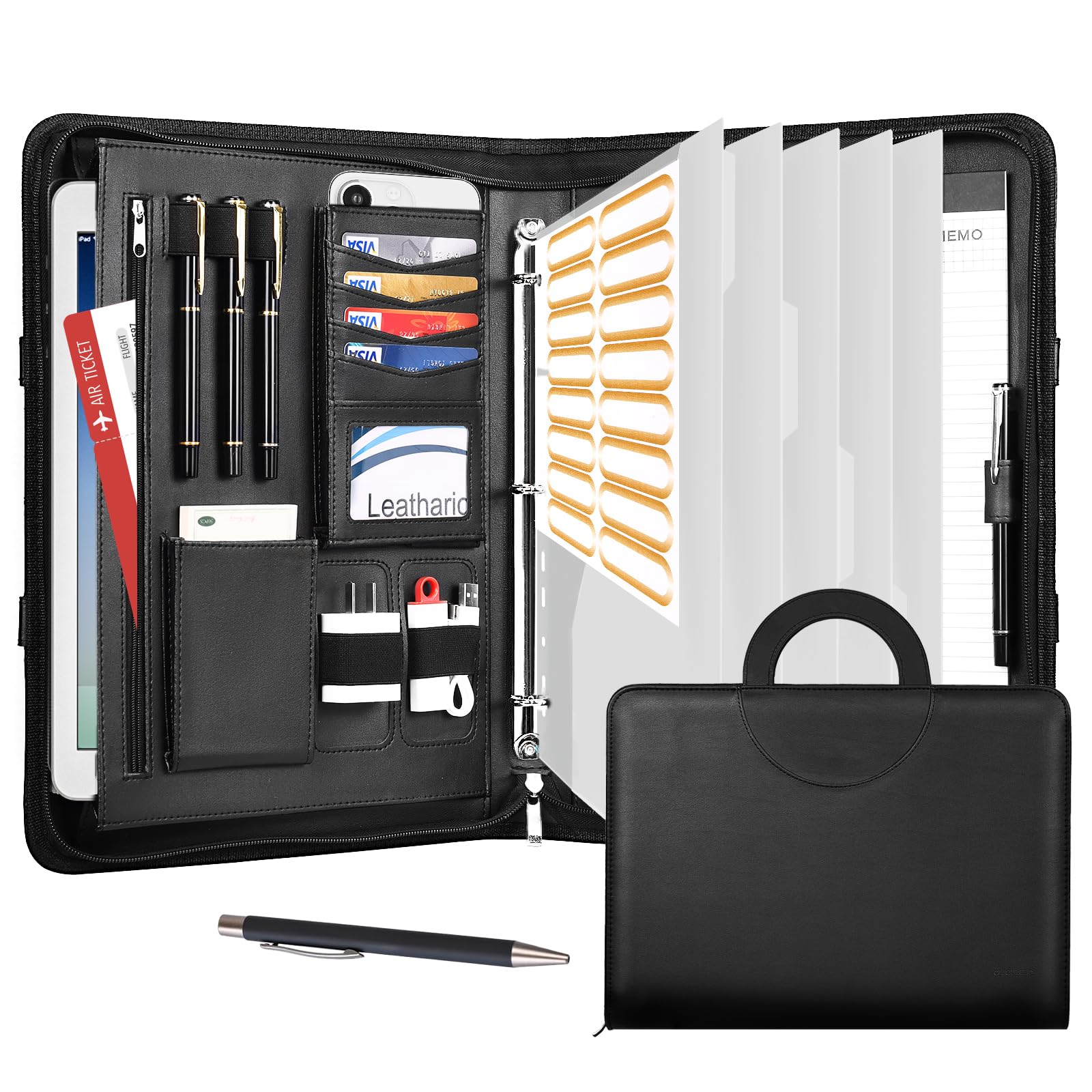 Leathario Portfolio Binder, Includes 5 Folder Index Dividers, 13 Inch Tablets Organizer with Handle, Vegan Leather A4 Padfolio, Multi-Pocket Notepad Business Planner Professional Document