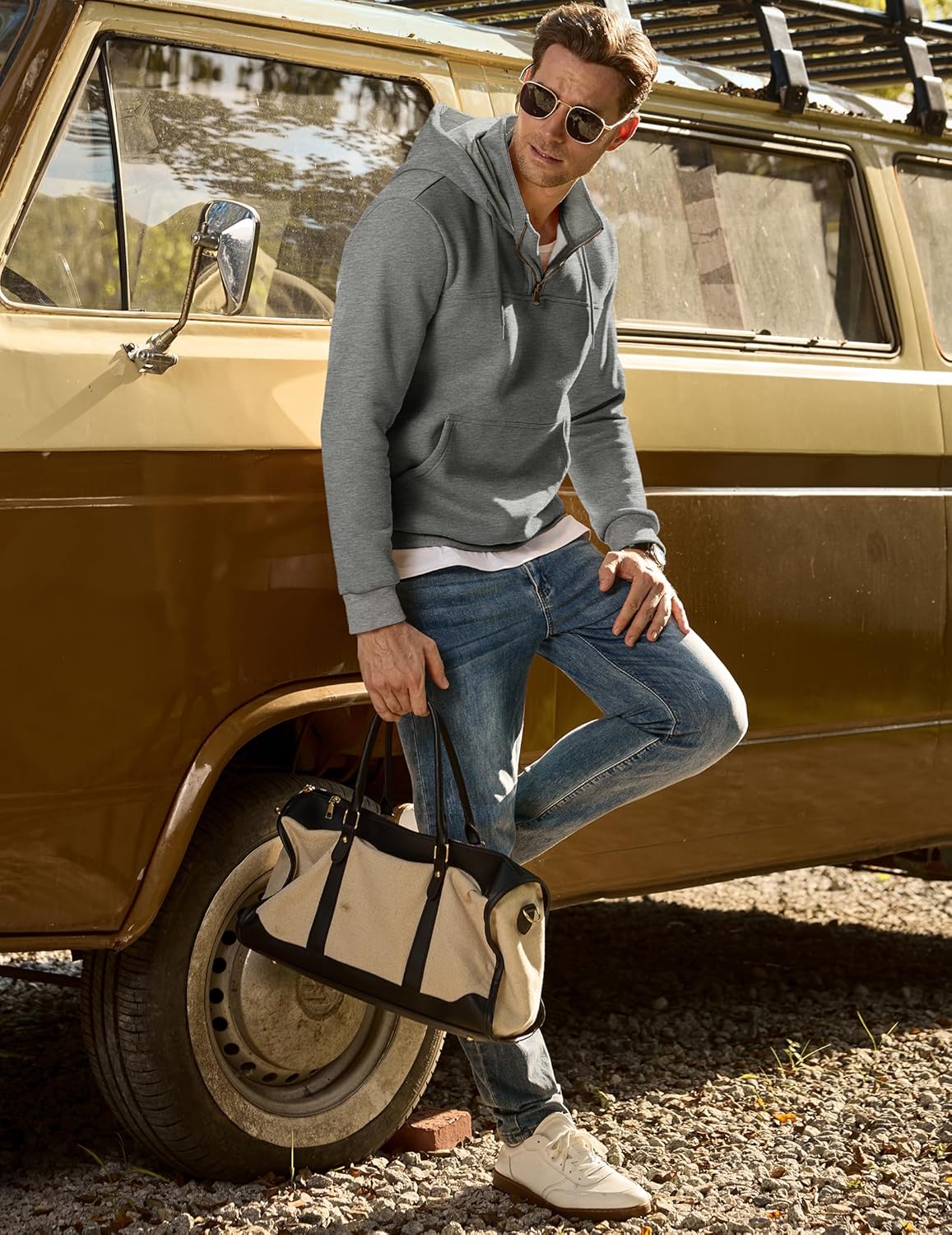 JMIERR Mens Casual Cotton Hoodies Drawstring Quarter Zip Pullover Sweatshirts - Image 3