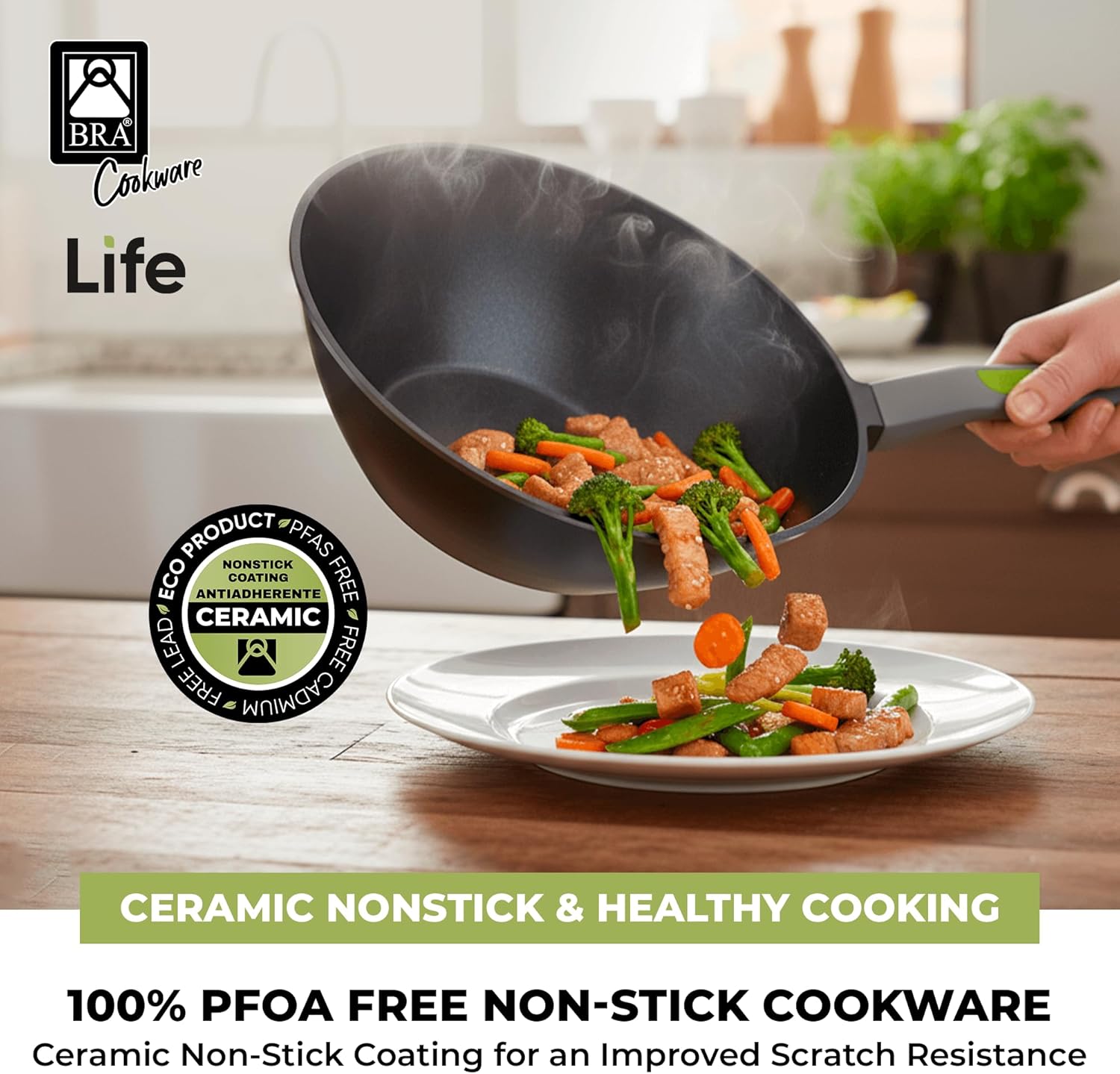 BRA COOKWARE Life Ceramic Nonstick Wok | 11 Inch 6.6 Quart Recycled Aluminum Stir-Fry Skillet | Ceramic Nonstick Deep Fry Pan | PFOA Free Asian Cooking Skillet | All Cooktops Flat Bottom Wok - Image 5