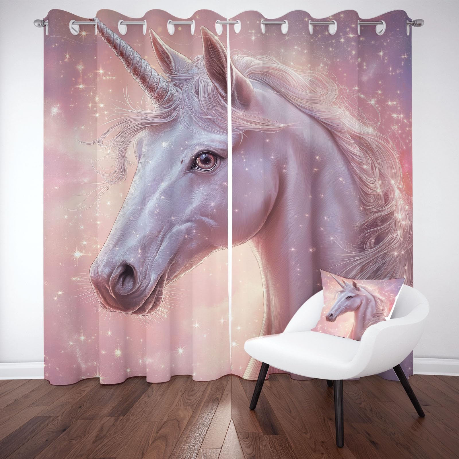Rideau Occultant à Oeillets Mignon Licorne Lot de 2 Rideaux Thermique et Isolant Phonique Fantaisie Galaxie Idéal pour la Décoration de Salon, Chambre à Coucher, 110 x 215cm