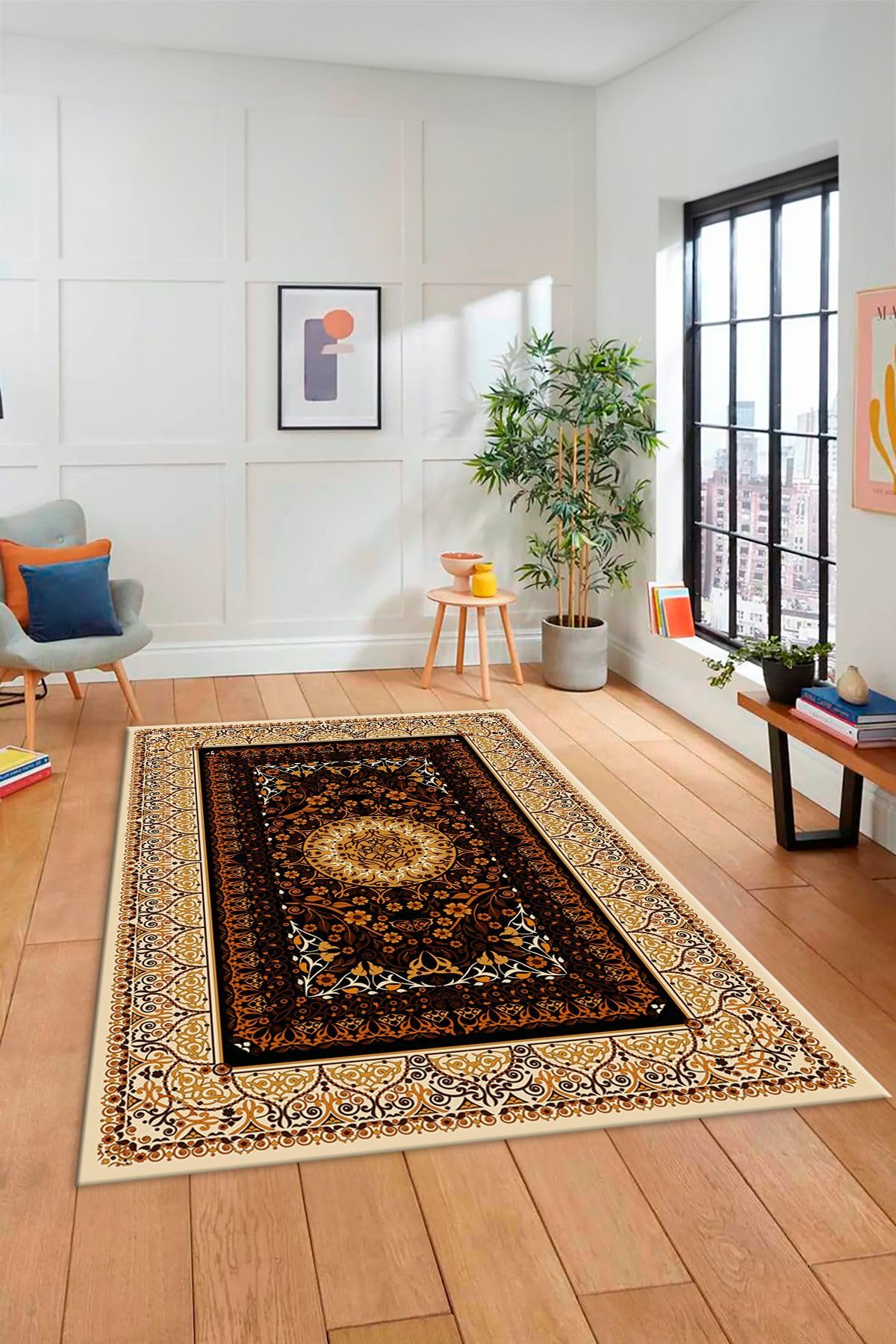 Evdeya Şık Klasik Desen Dijital Kaymaz Taban Yıkanabilir Yolluk Mutfak Salon Halısı KLASİK-14, Kahverengi, 100 x 250