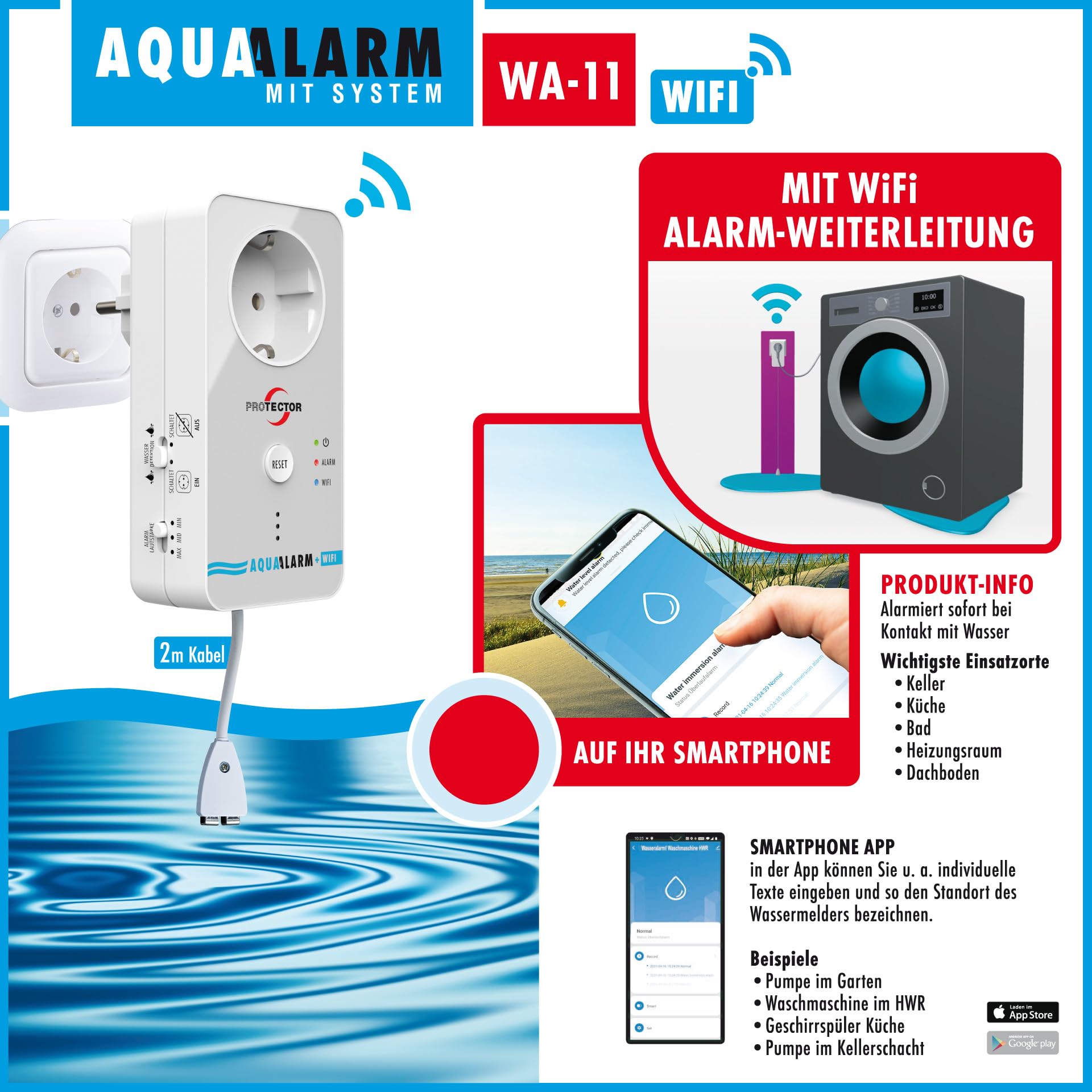 Protector WA-11 czujnik wody WiFi z zewnętrznym czujnikiem poziomu wody, alarm wodny z kablem 2 m, zasilanie sieciowe