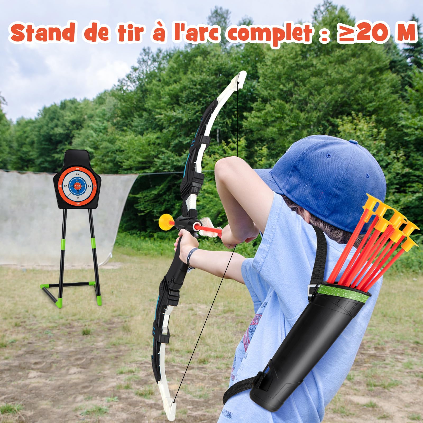 COSTWAY Arc et Flèche pour Enfants avec Lumières LED, Ensemble de Tir à l'arc avec 20 Flèches, 1 Cible Debout/Suspendue et 2 Carquois, Jeu de Tir Intérieur Extérieur pour Garçons Filles de 3 Ans+
