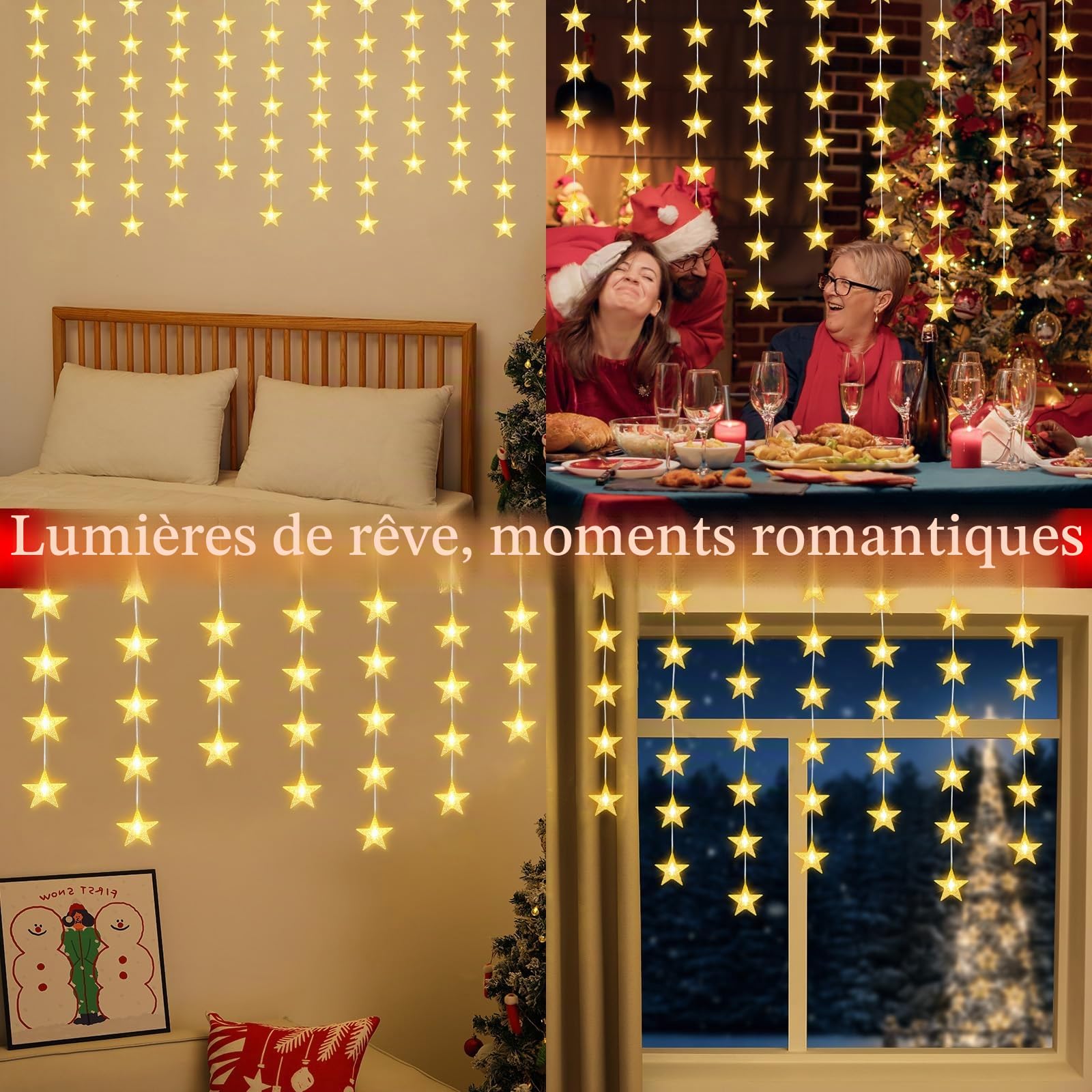 Lewondr 40 LED Guirlande Lumineuse Rideau De Noël, 6PCS Guirlandes Suspendues Avec Minuterie 6H & 8 Modes, Guirlande Sur Piles Pour Décoration Intérieure Chambre Noël Mariage Fête, Lumière Chaude