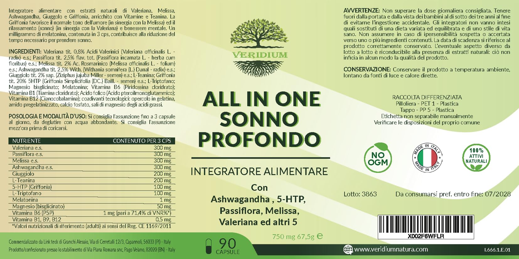 All in One Sonno Profondo Tutto in Uno + Melatonina e Valeriana Forte, Passiflora, Ashwagandha, Melissa, Griffonia, Triptofano, L-Teanina - AZIONE 360" per Insomnia grave o cronica/ansia serale.