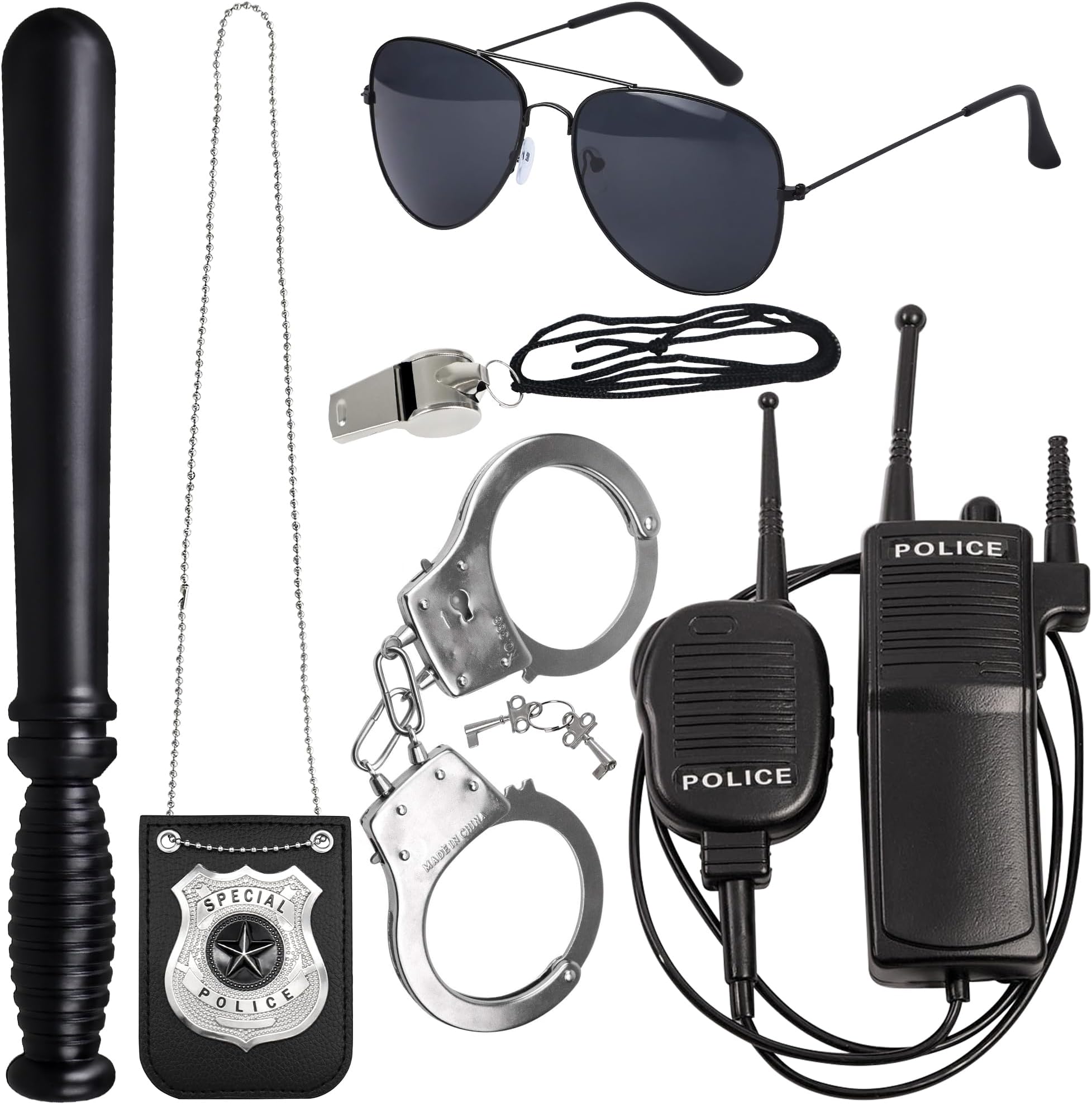 6PCS Police Costume Accessories for Girls Boys with Walkie Talkies Handcuffs Badge Eyeglasses Baton Whistle (Black)