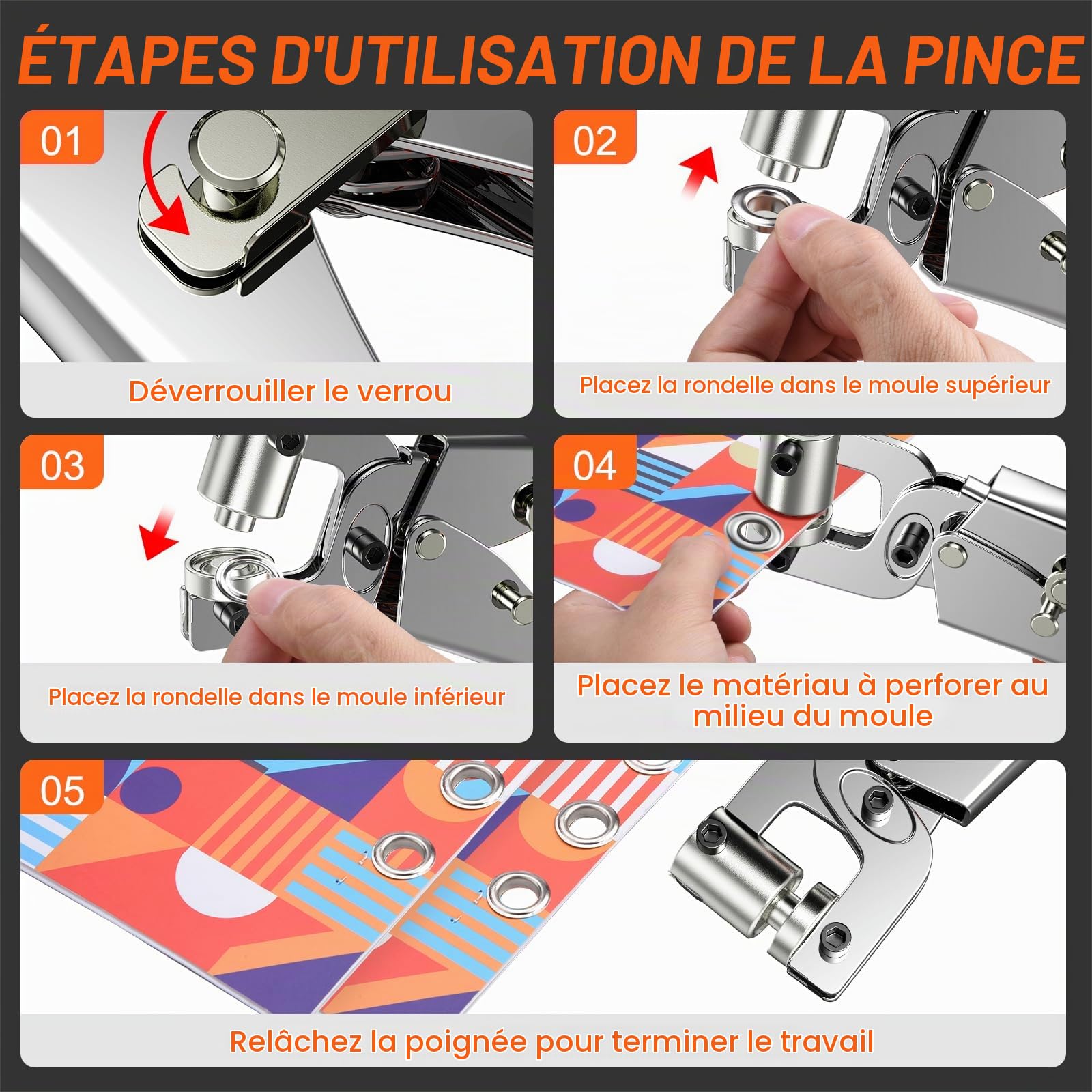 Preciva Ensemble de Poinçon à Œillets, Pince à Œillets de 10mm avec 200 Œillets Métalliques, Mécanisme de Verrouillage, Outil de Presse à Œillets à Trou Manuel pour Affiche, Bannière, Carton