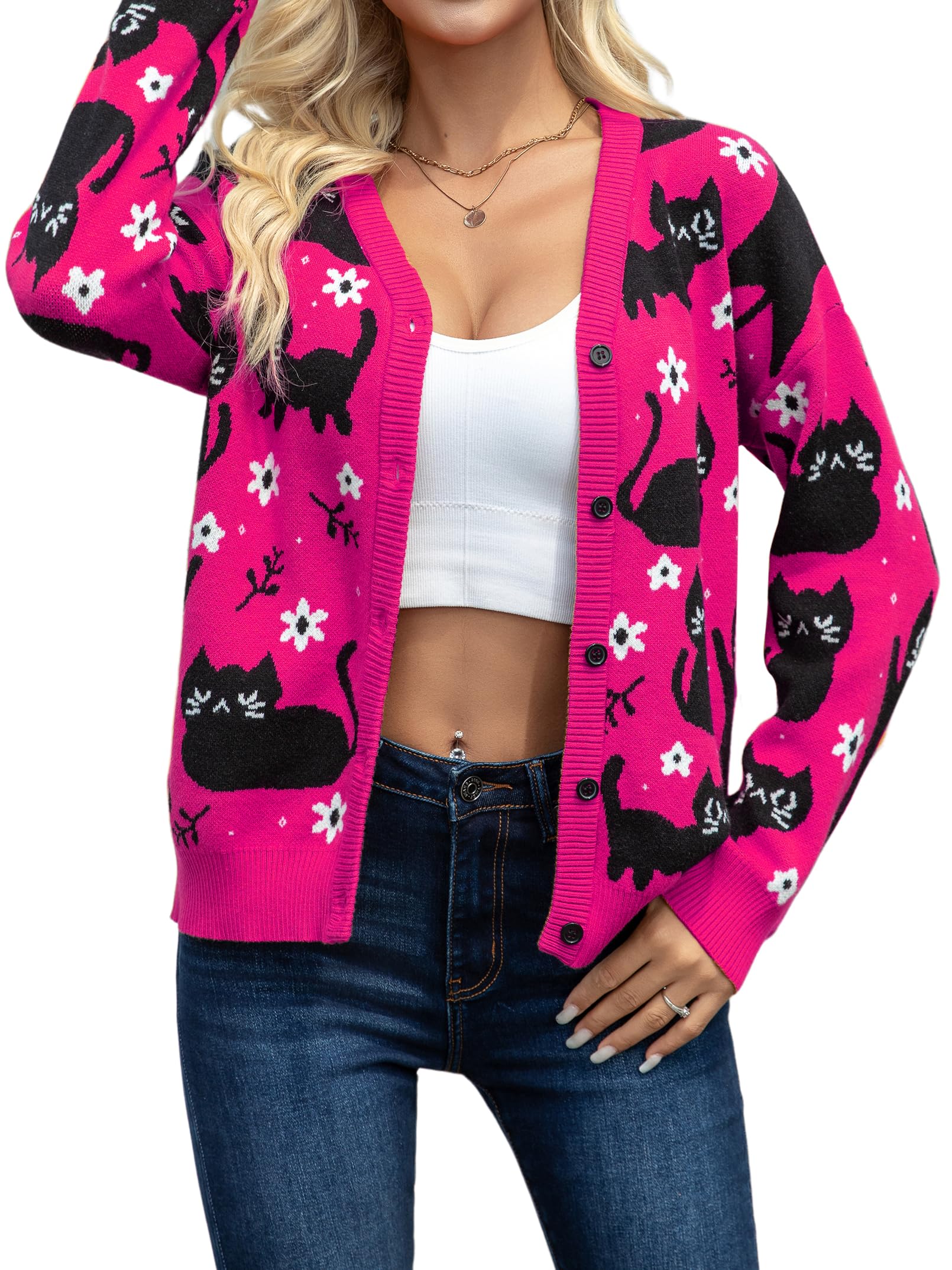 Christmas Cat Cardigan Sweaters for Women Black Cat Knit Sweater Button Down V Neck Fall Winter Open Front