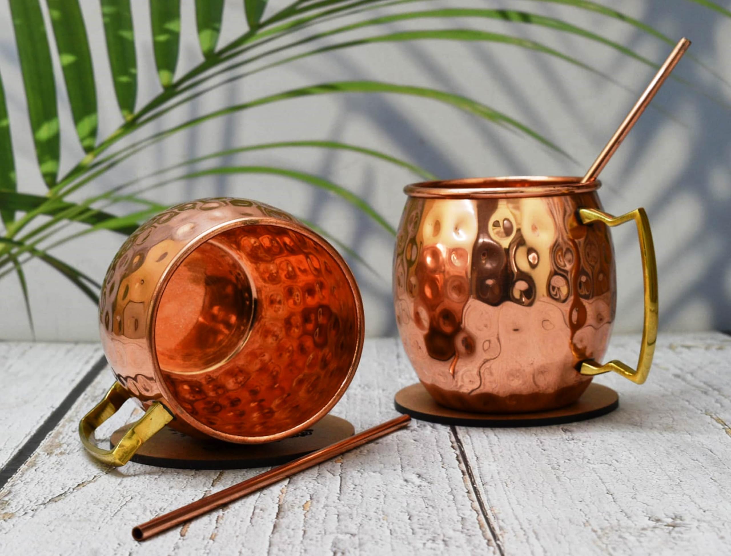 India House - Moscow Mule 16 oz Cup Set, Set of 2 Hammered Mug - Brass Handle (2 Coaster, 2 Straw Free), 4 x 3.5 inch - Image 3