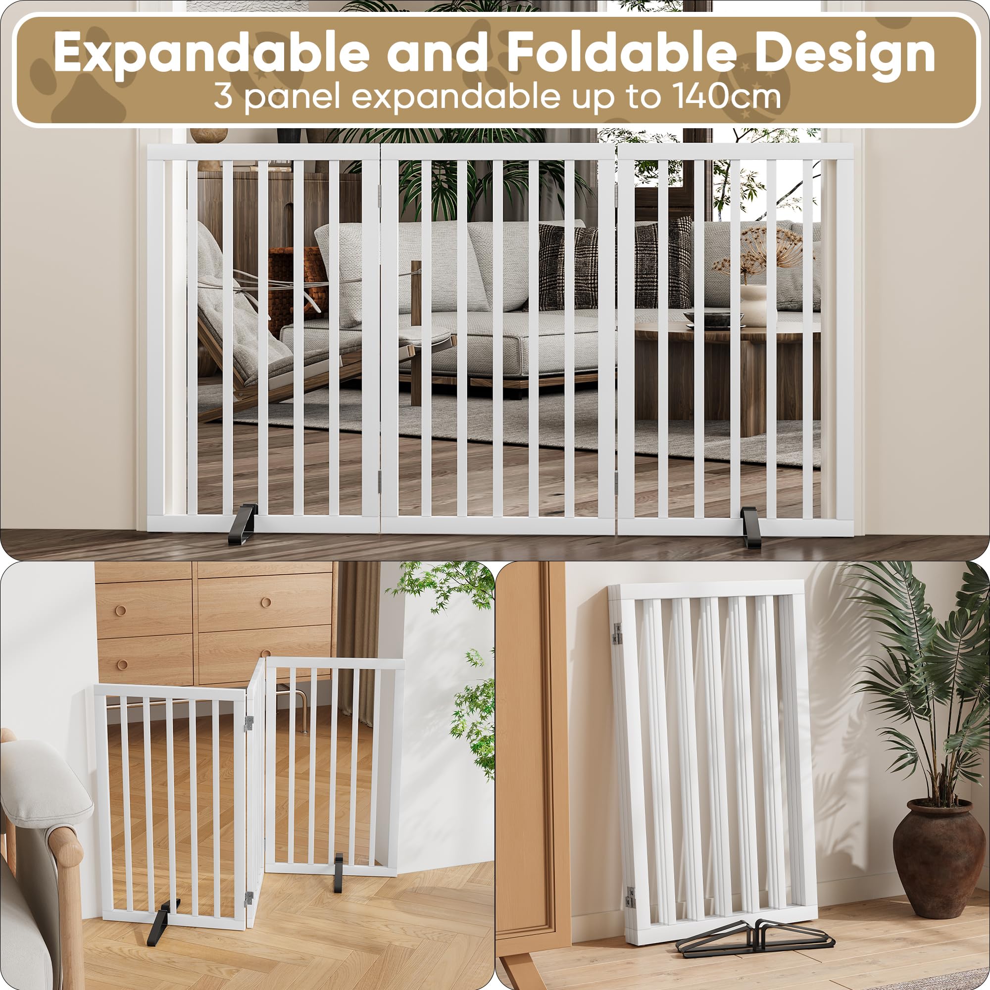 Barrière pour Chien intérieur, barrière d'escalier Hauteur 82 cm, autoportante, Pliable, Adaptable aux intérieurs, escaliers, Portes et couloirs (Blanches, 3 Panneaux)