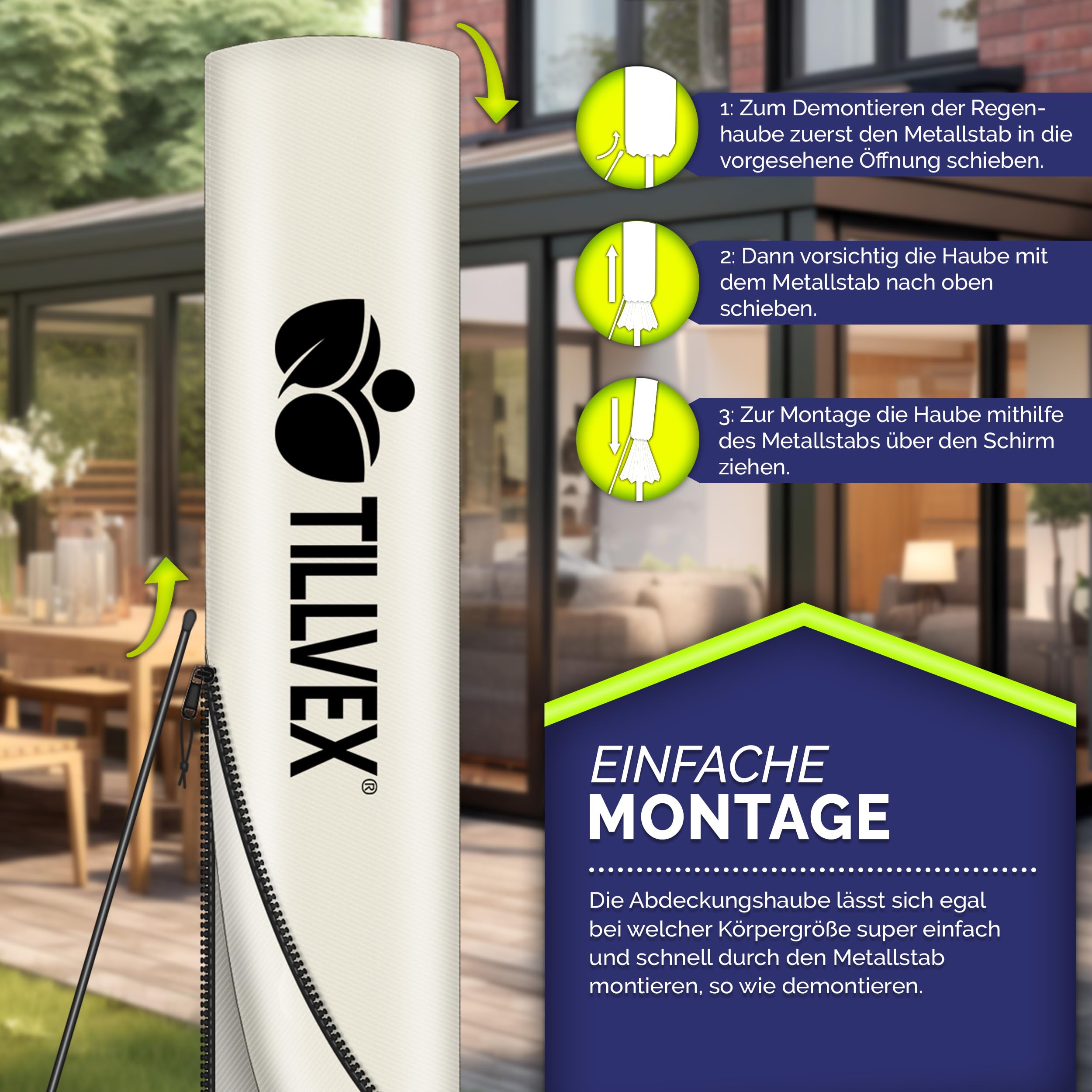 tillvex Alu Sonnenschirm + Abdeckung Ø 300 cm mit Kurbel | Ampelschirm mit Ständer & Windschutz | Gartenschirm UV-Schutz Aluminium | Kurbelschirm wasserdicht 360° drehbar