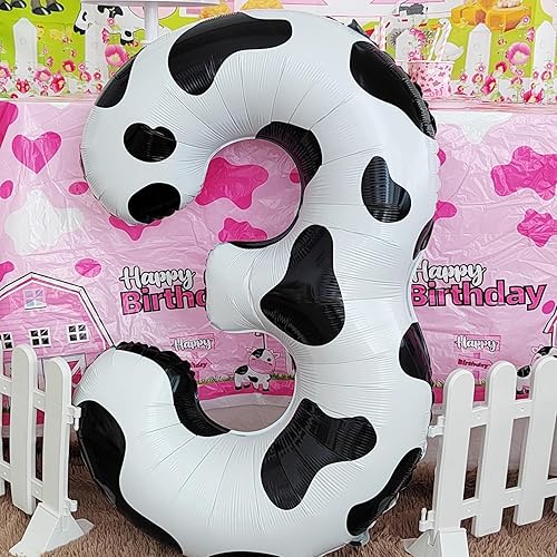 Miniatura 3 de Suministros de decoración de cumpleaños de globos con estampado de vaca, globo número 5 de 40 pulgadas, globos de número temático de vaquera para