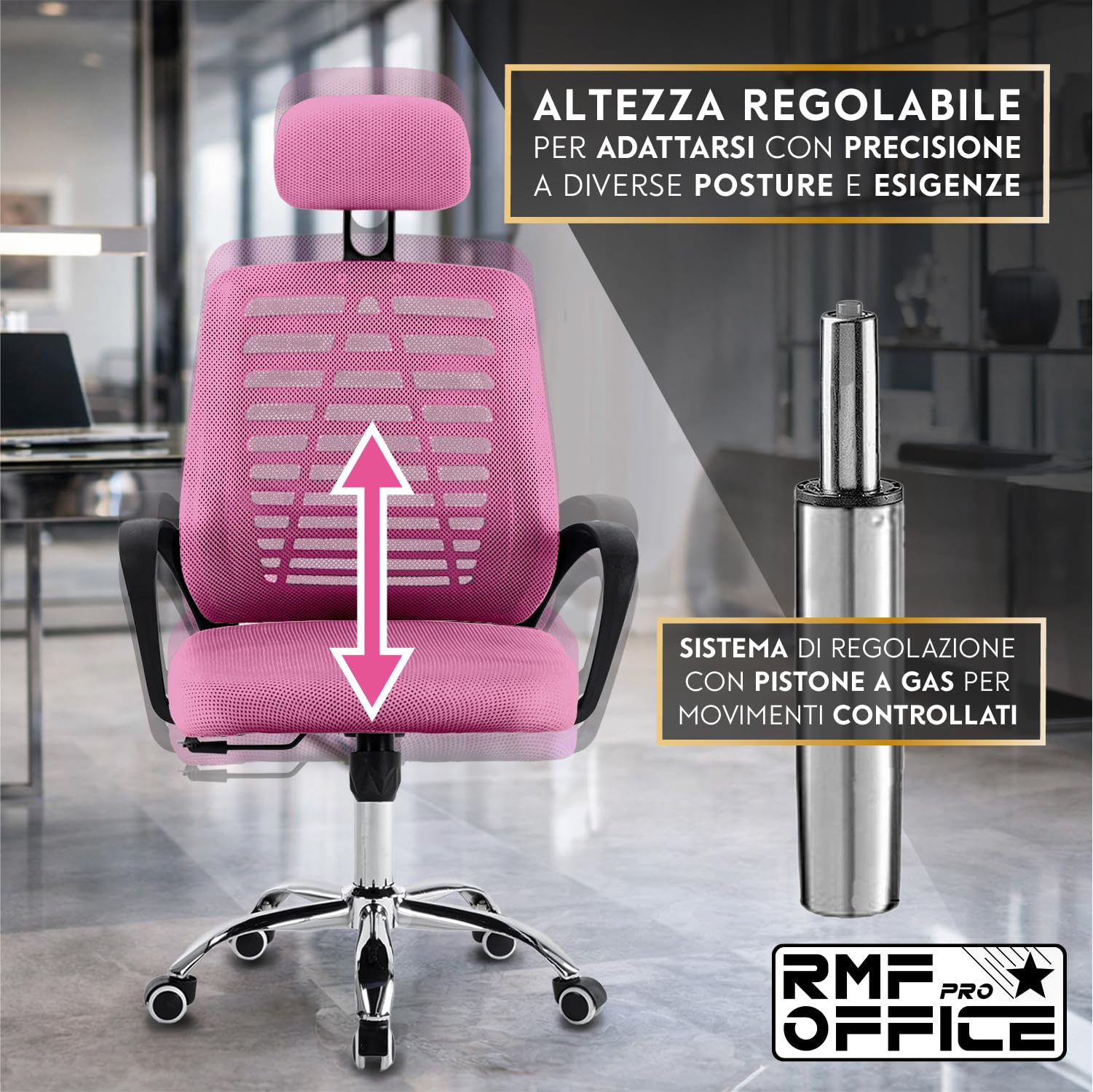 RMF Sedia Ufficio Ergonomica Professionale Reclinabile, Sedia Scrivania in Rete con PoggiaTesta Seduta Comoda e Rilassante - Poltrona Relax Ufficio con Ruote Girevoli Altezza Regolabile Rosa