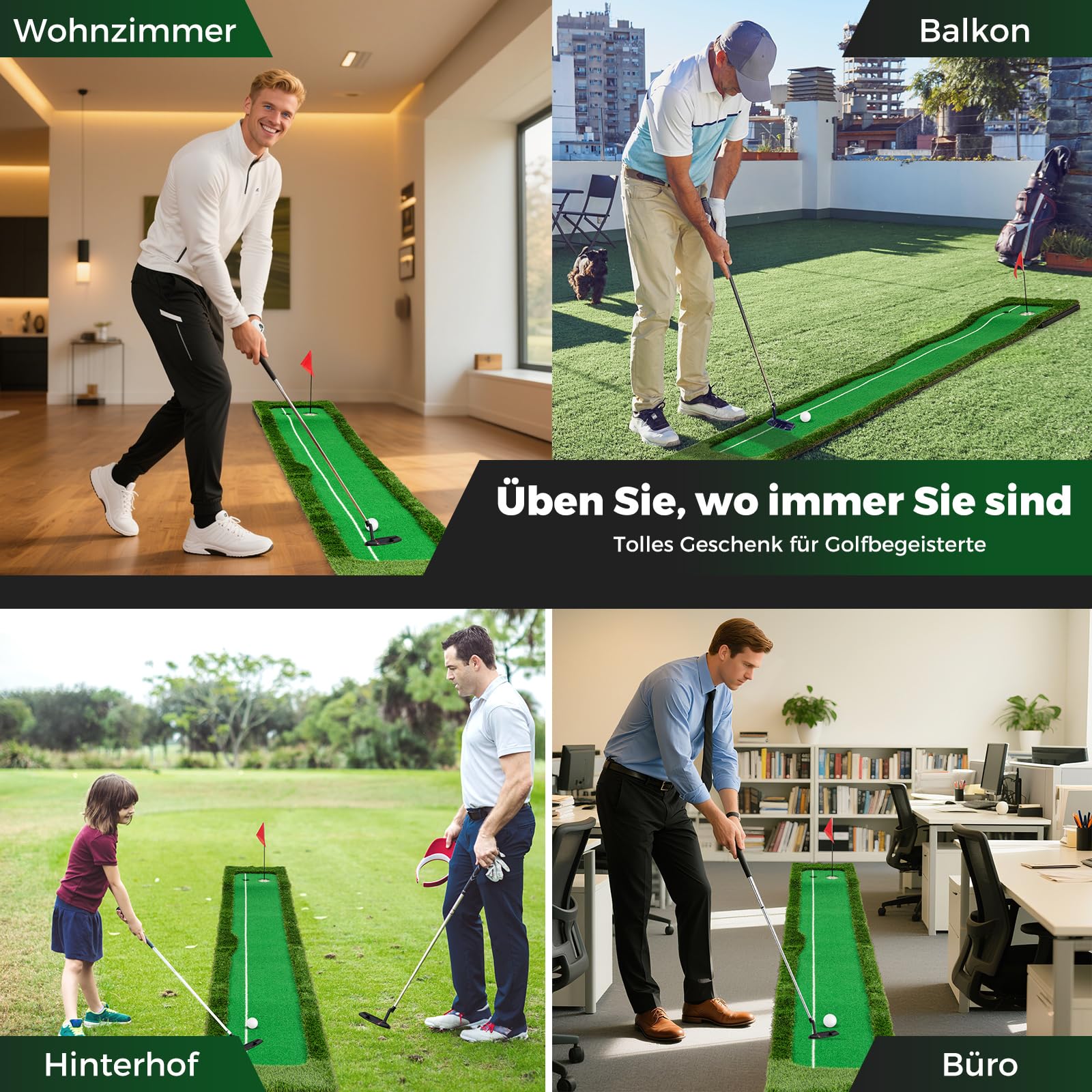 COSTWAY 300 x 50 cm Golf Puttingmatte, Putting Green mit 3 Golfbällen & 2 Lochgrößen, Trainingsmatte für Indoor & Outdoor, Übungsmatte faltbar für Büro, Garten & Terrasse