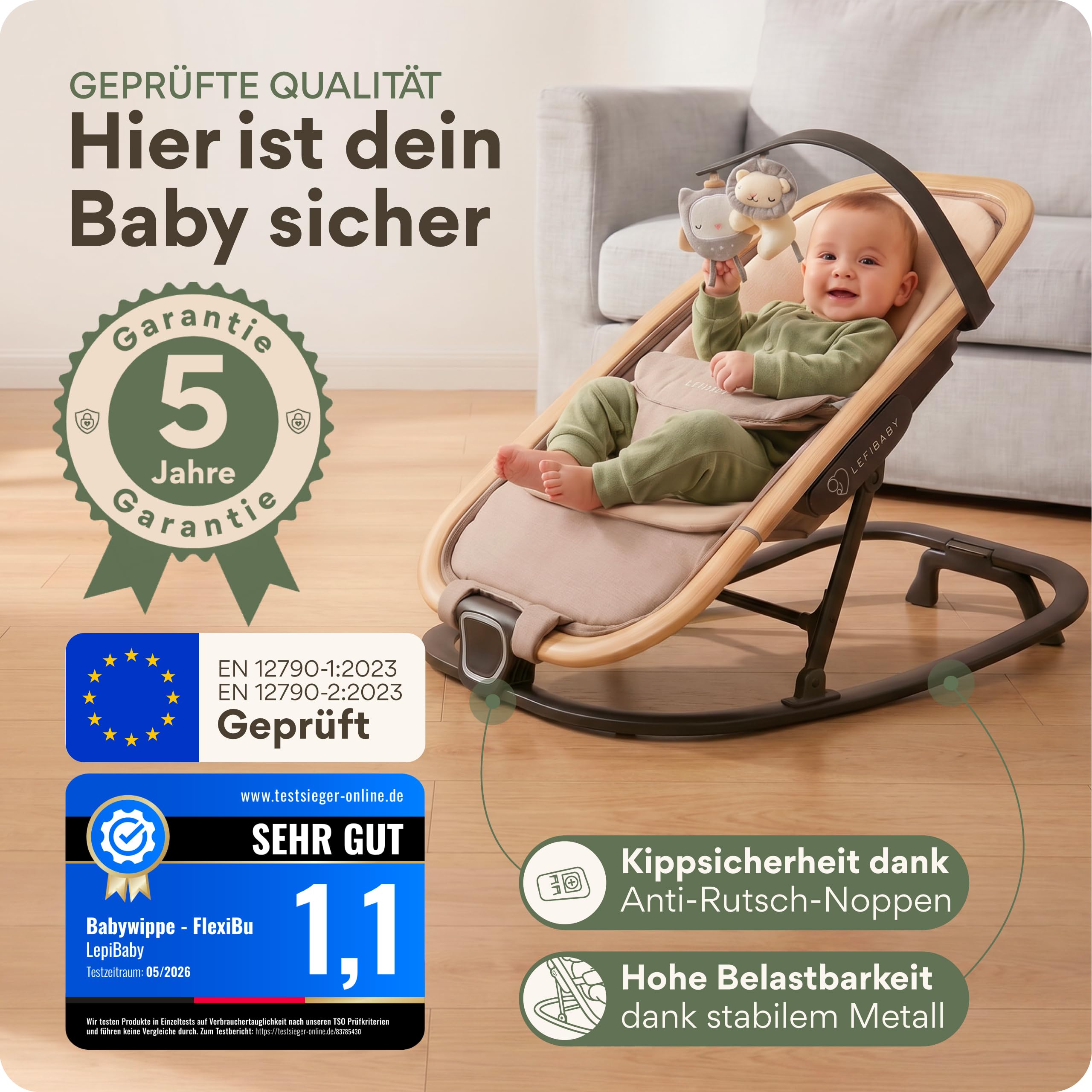 Babywippe Neugeborene, 0 bis 12 Monate, Baby Wippe, Baby Bouncer | Faltbarer Baby Rocker, Babyschaukel mit Spielbogen, Verstellbare Babywiege, Baby Schaukel leicht waschbar, FlexiBu Beige