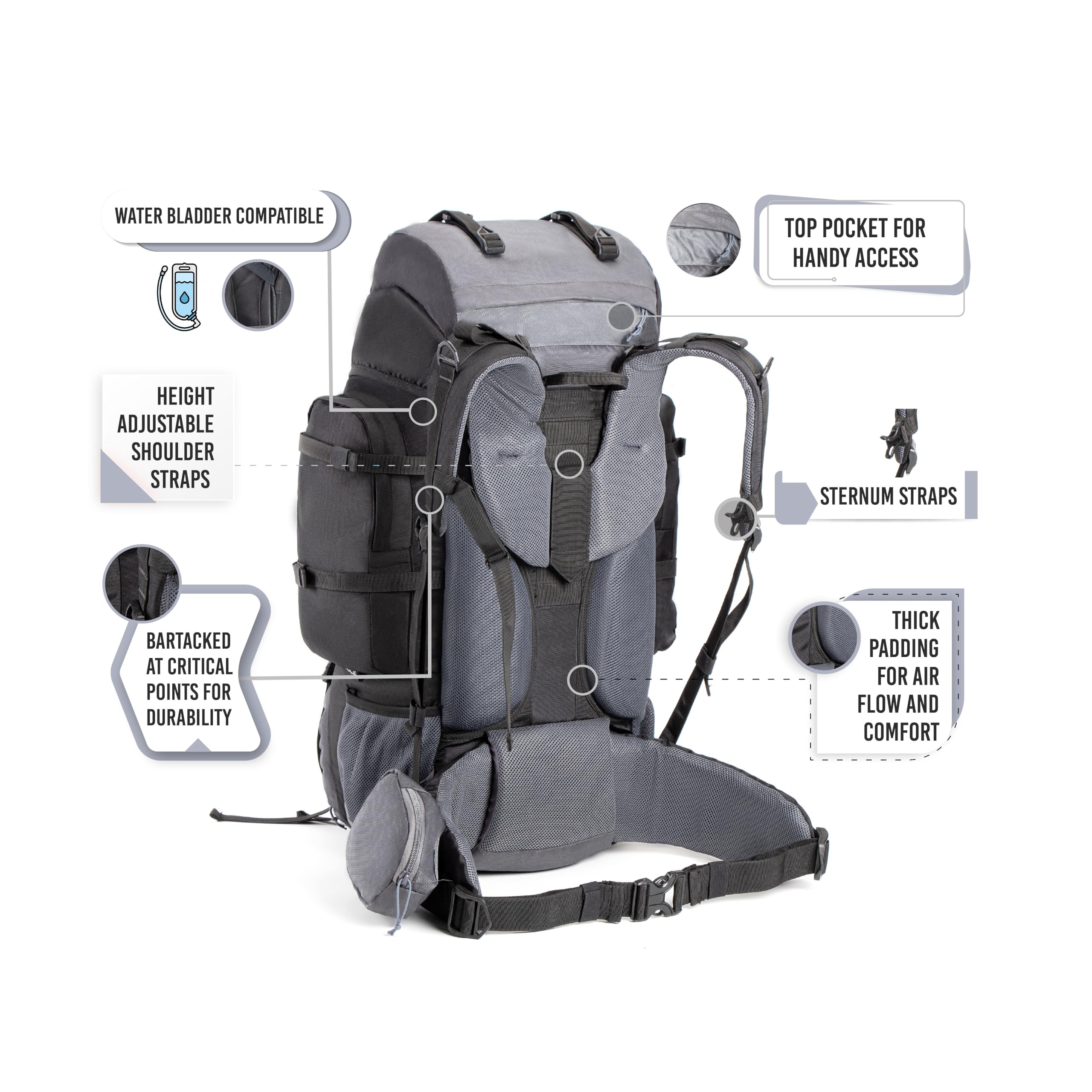 Tripole Walker Mochila 65 Litros de Viaje y Senderismo para Hombre y Mujer – Mochila Impermeable con Marco Interno y Compartimento Portátil 17", Funda de Lluvia, Negro