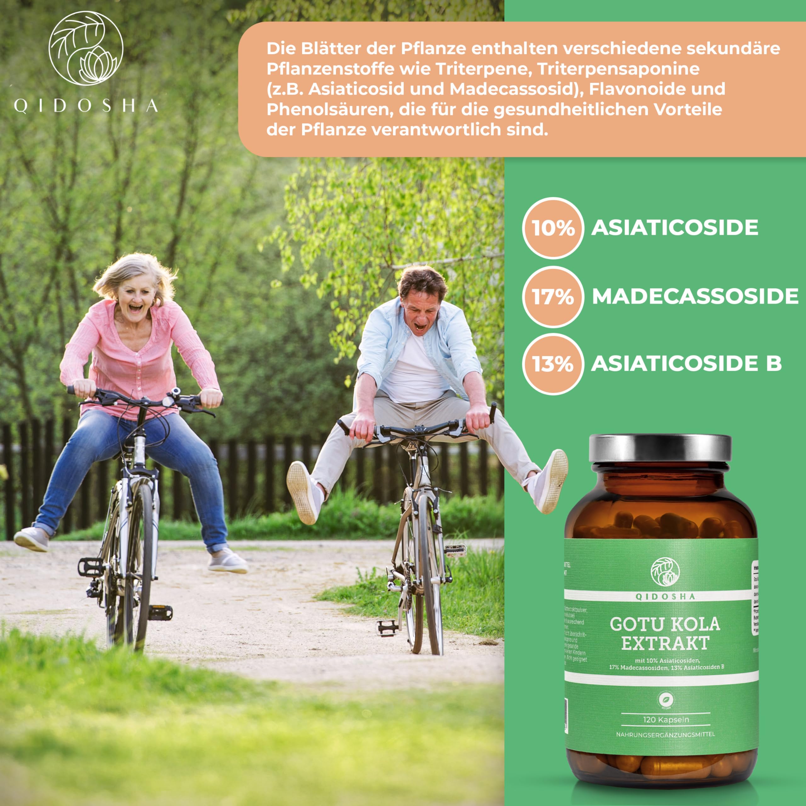 QIDOSHA® Gotu Kola 60:1 Extrakt, mit 40% Gesamt-Asiaticoside höchster Wirkstoffgehalt am Markt, darunter 10% Asiaticoside, 17% Madecassoside und 13% Asiaticoside B, 120 Kapseln im Glas