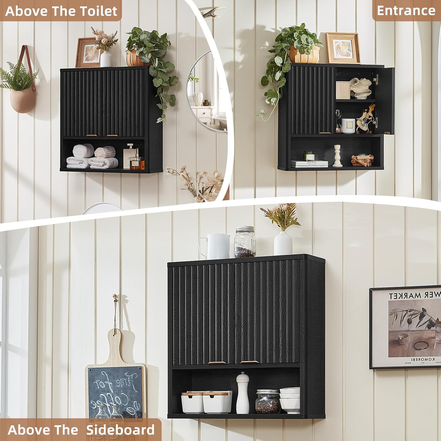 LEYAOYAO Fluted Bathroom Wall Cabinet, Wall-Mounted Medicine Cabinet with Adjustable Shelf & Doors, Farmhouse Floating Over the Toilet Storage Cabinets for Laundry Room, Kitchen, Living Room (Black)