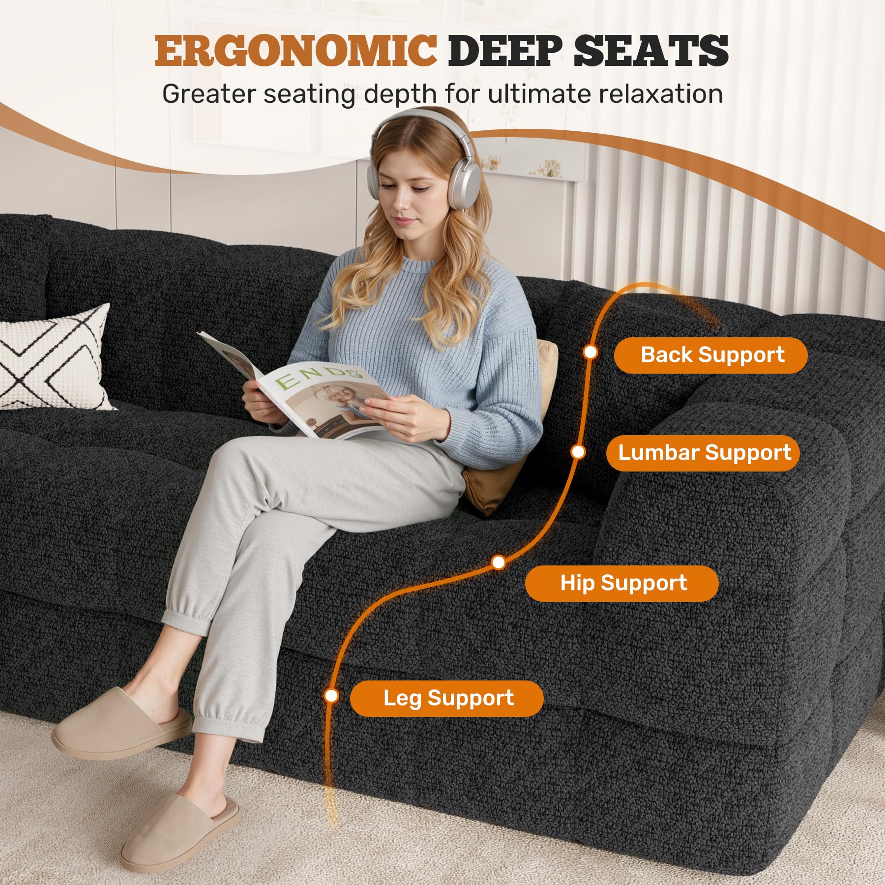 Hawthyhome 2-3 Sitzer Sofa mit Schlaffunktion, Modernes Boneless Couch, Gemütliches Chenille-Sofa mit weichem Bezug, Montagefreie Balkon Couch für Wohnzimmer & Gästezimmer, Schwarz