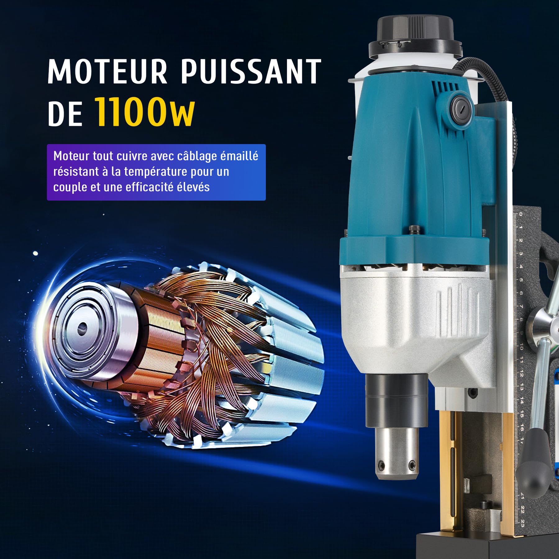 ZELCAN 1100W Perceuse Magnétique Portable Diamètre 40mm Profondeur 50mm Carotteuse Magnétique avec 11 Mèches 12000N 550 tr/min avec Moteur en Cuivre