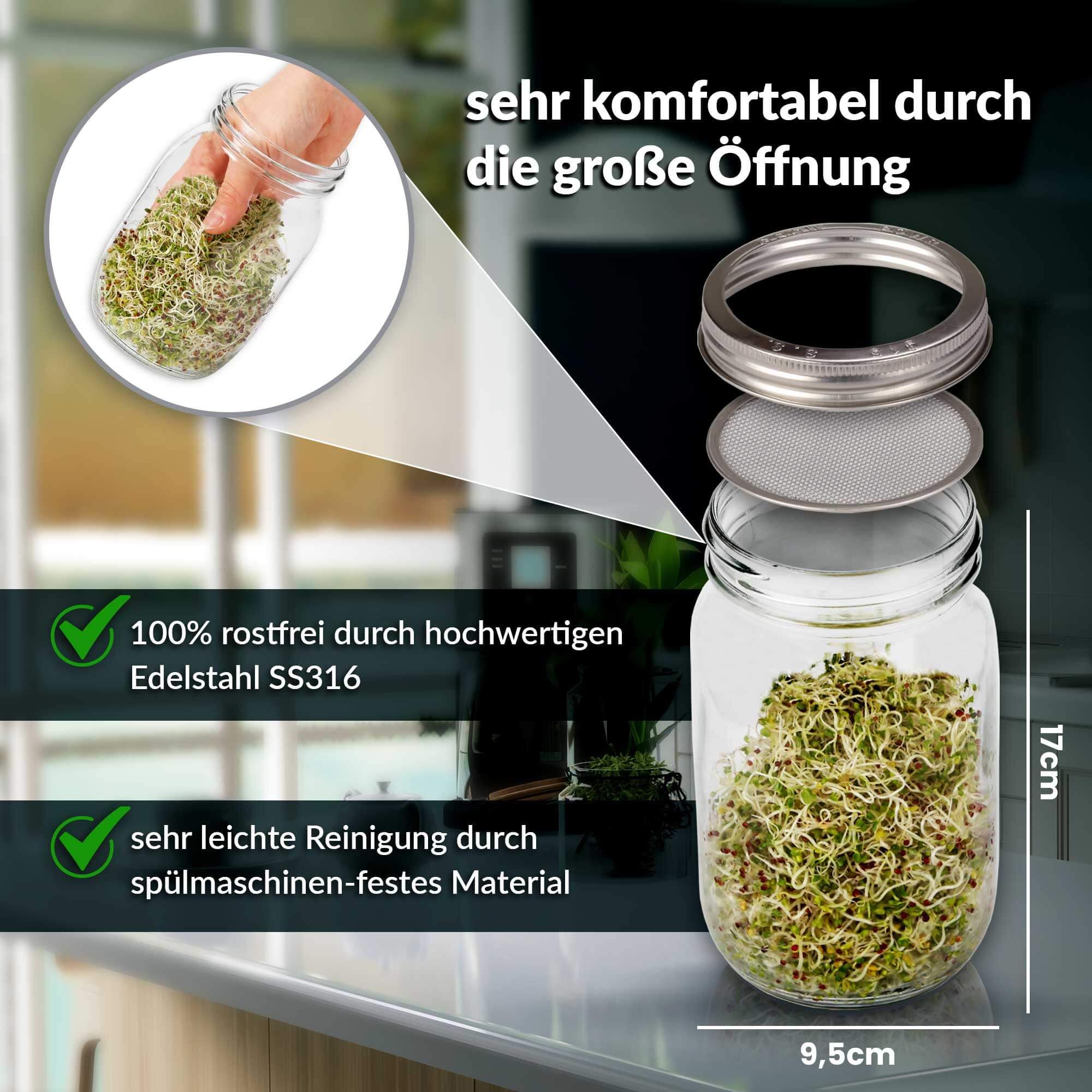 Bio Sprossenglas 2er Set-Keimglas 950ml inkl. 2X Abdunklungshüllen, 1x Keramikschale & Anleitung - Rostfreier Edelstahl - Sprossenzucht