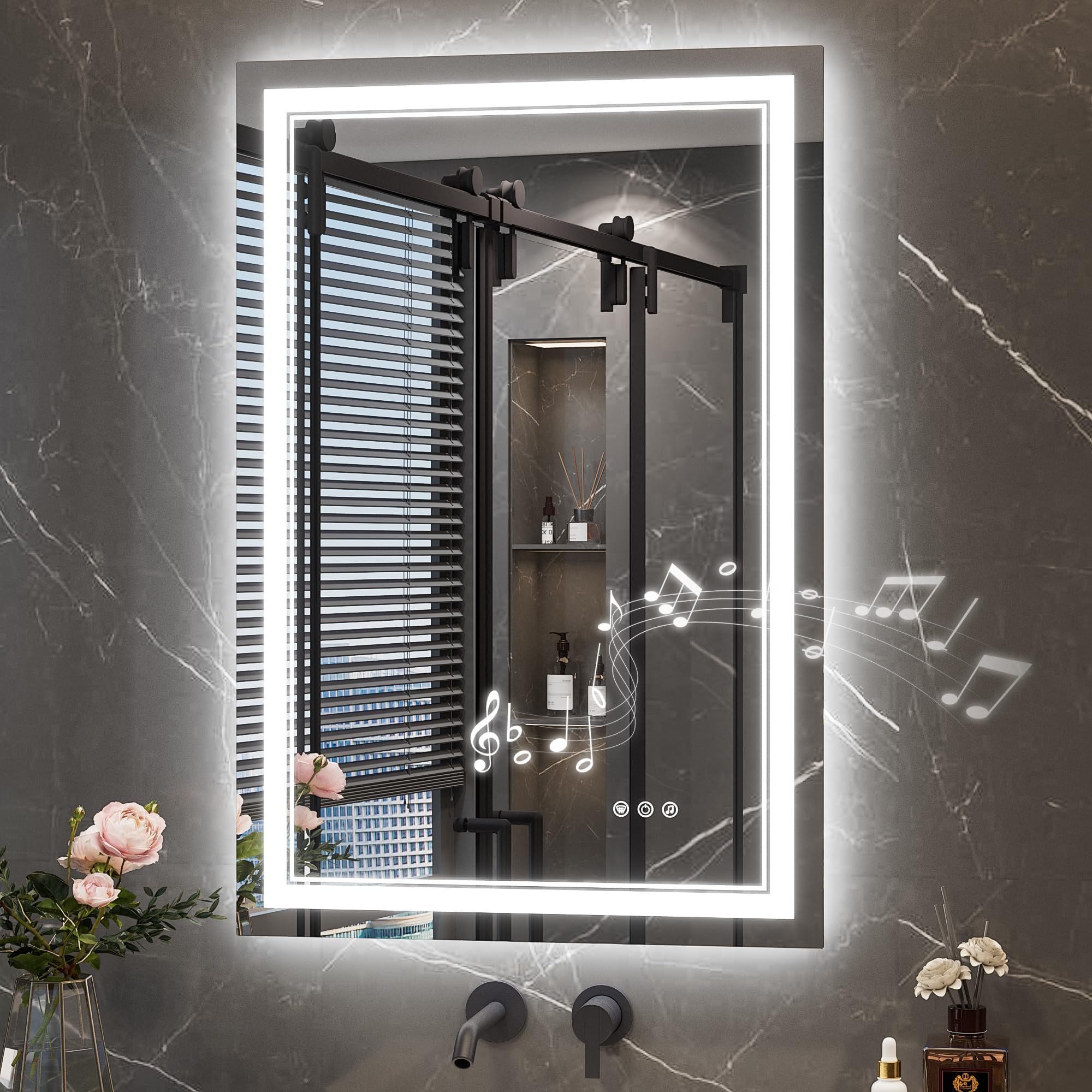 24"x36" Lighted Mirrors for Bathroom Wall with Bluetooth Speaker, LED Mirror for Bathroom with Frontlit & Backlit, Bluetooth Mirror Bathrooms, Tempered Glass, Dimmable 3-Color Lights, CRI90+
