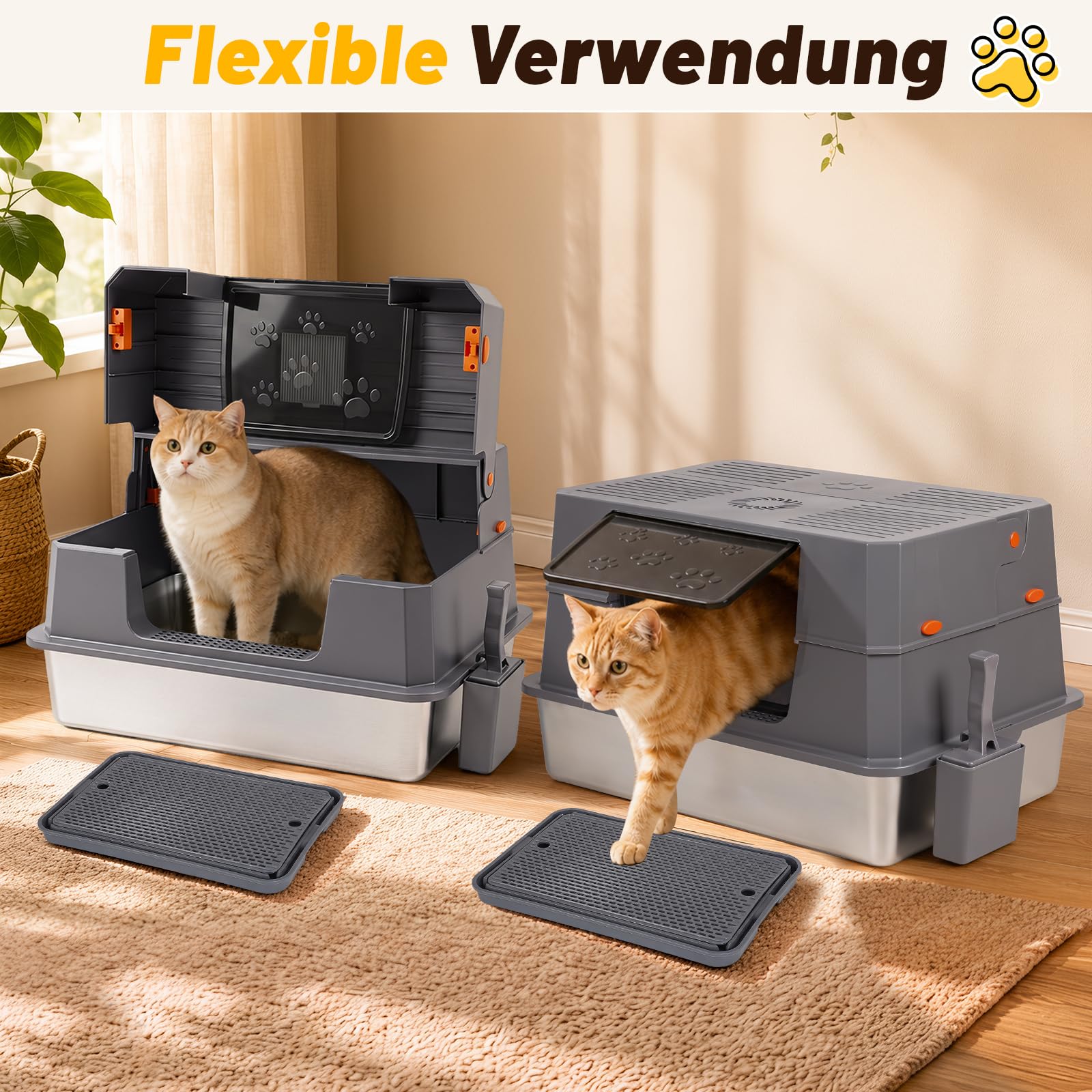 XXXL Edelstahl Katzentoilette mit Klapphaube,72.8 x 51 x 43 cm