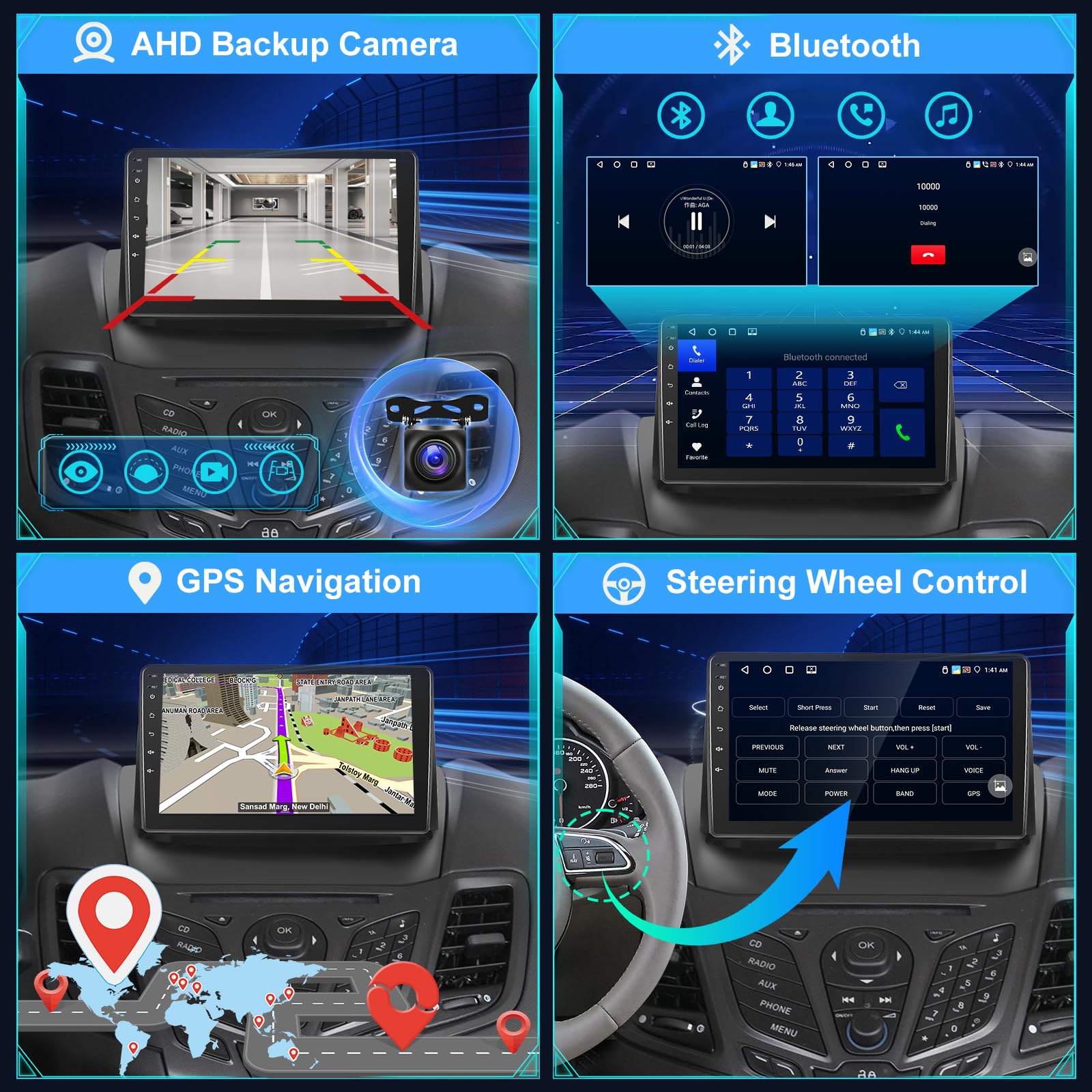 [4+64G] Carplay Radio Coche para Ford Fiesta 2009-2017 - Pantalla táctil de 9 pulgadas IPS 1280*720P EQ Audio - Inalámbrico Android Auto, AI DSP, Personalizar Página de inicio, SWC+Cámara de seguridad