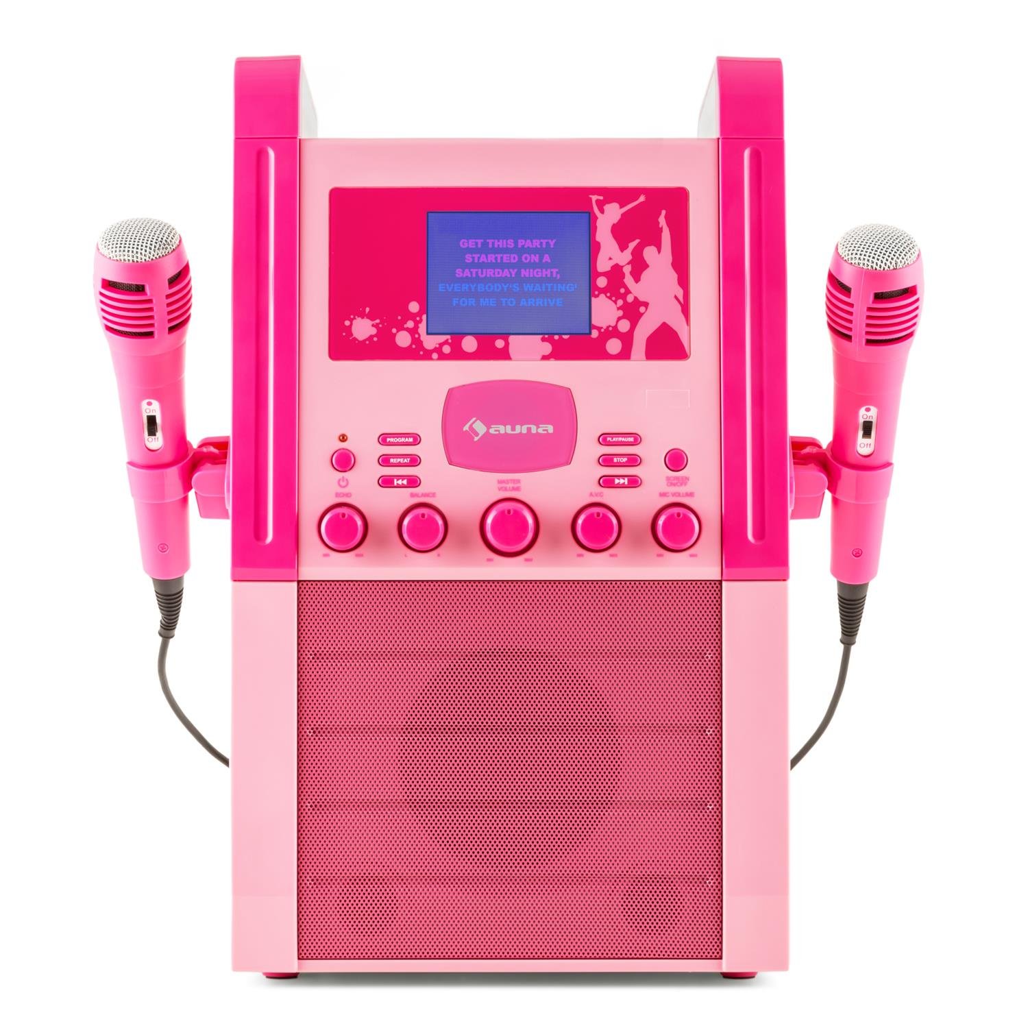 AUNA KA8P-V2 BK - Reproductor de Karaoke, 2 micrófonos, Altavoces, Reproductor CD+G, Pantalla TFT, Salida Video, AUX, Rosa