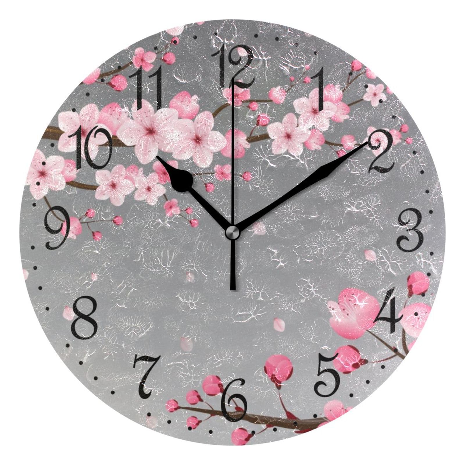 Mnsruu Wall Clock Japanese Oriental Cherry Blossom Silent Non-Ticking Decorative Wall Clocks Battery Operated 25x25cm for Home Living Room Kitchen Bathroom Bedroom — image 1