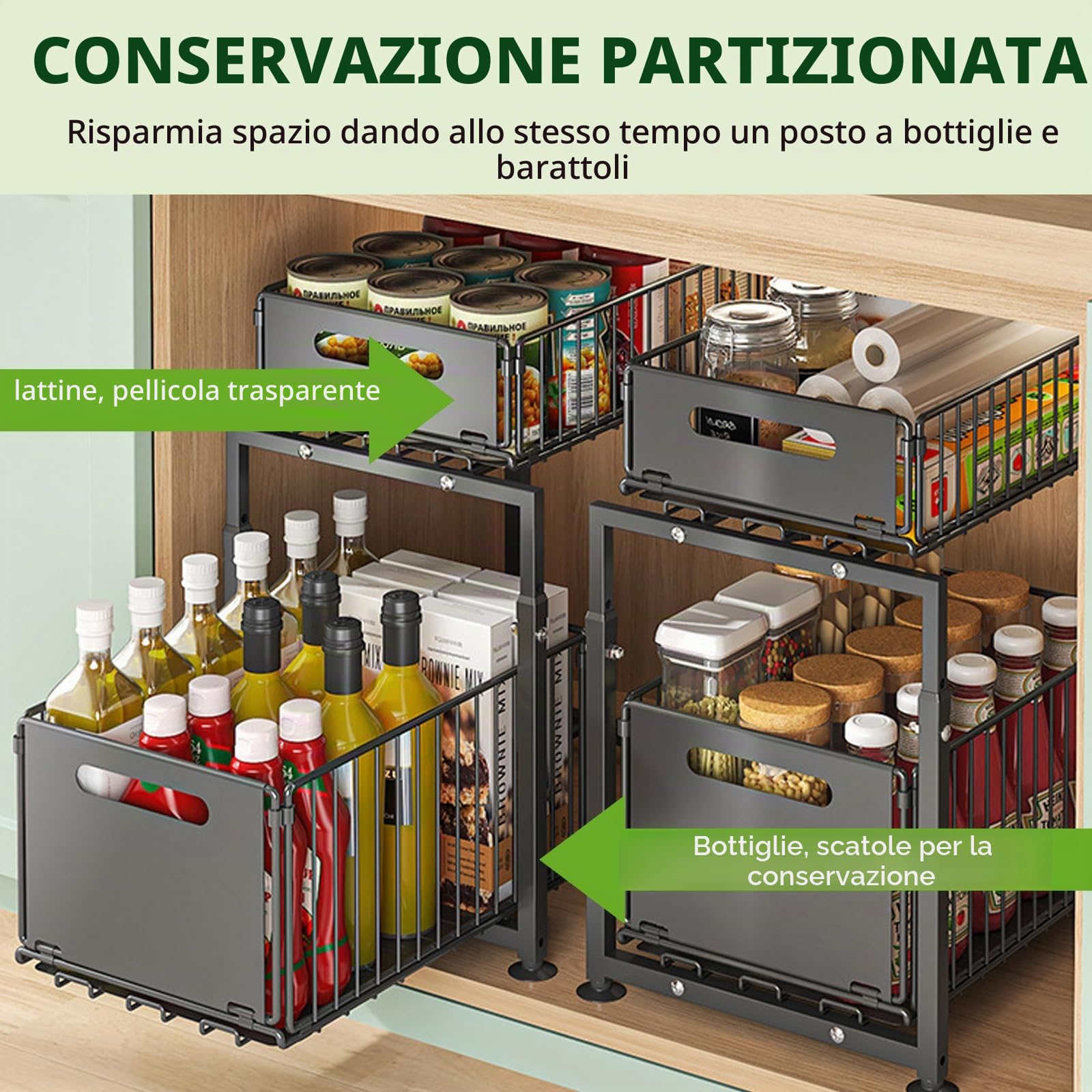 Armadio portaoggetti da cucina a doppio strato in metallo | Cassetto telescopico estraibile, cassetto estraibile da cucina, in metallo, Per mobili da cucina, 37,5 x 29 x 41-49 cm