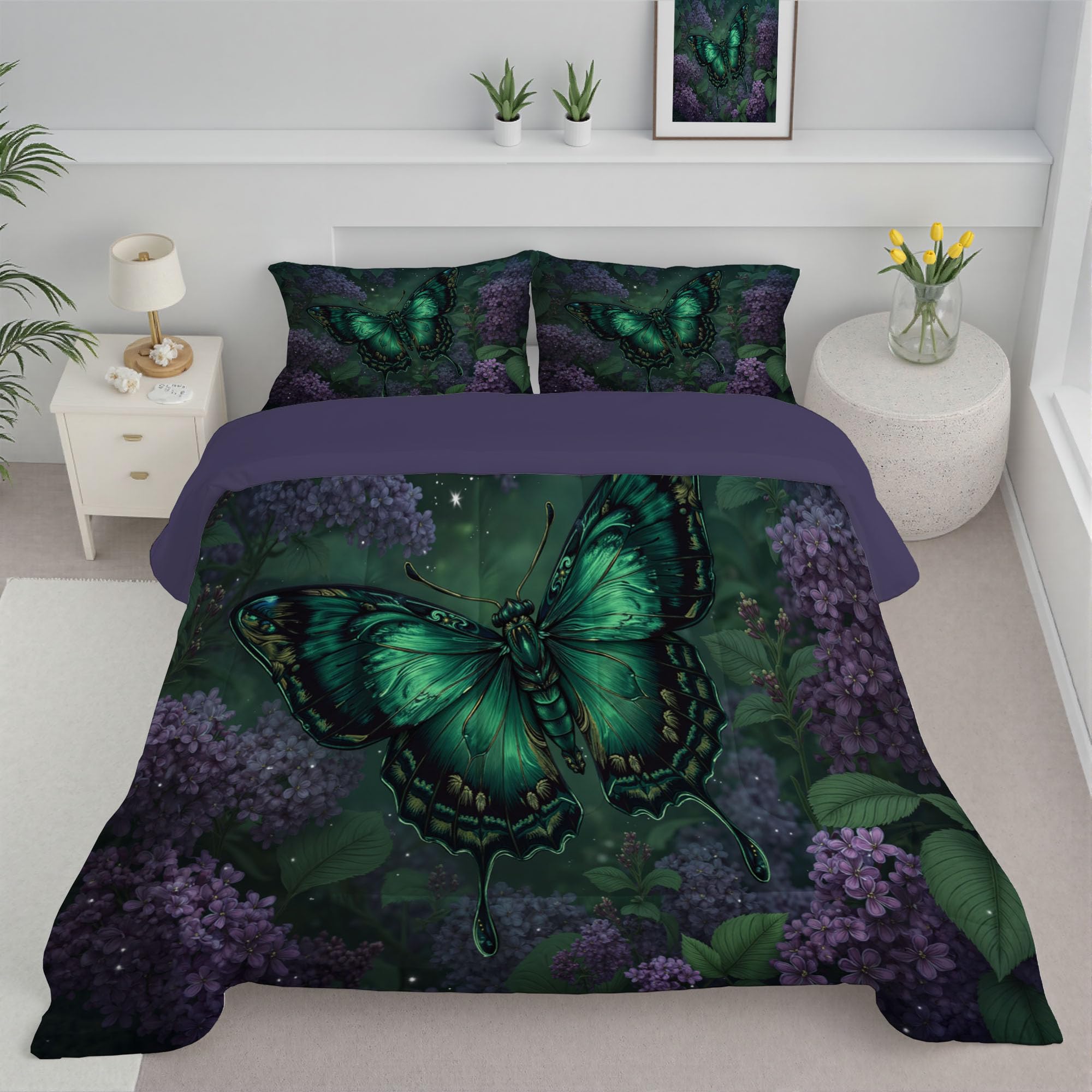 Trapunta Letto Singolo 4 Stagioni Piumone per Bambini, Acquerello Lilla Leggero Farfalle Fiori Set di Biancheria da Letto 140x200cm con 1 Federe,Piumino Lavabile In Lavatrice