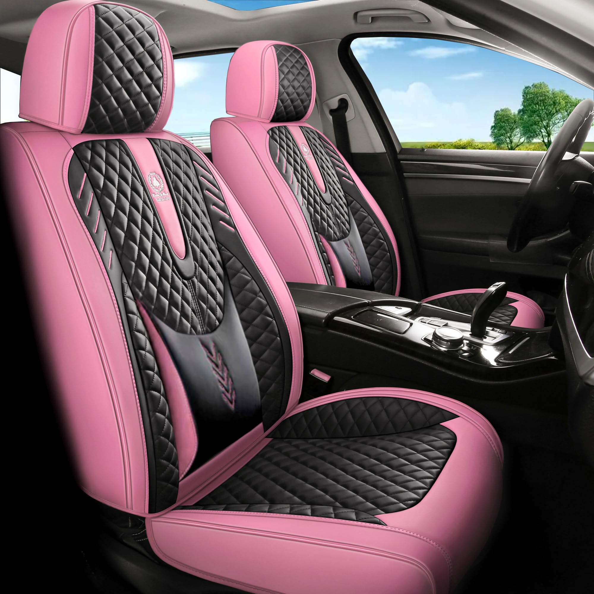 INZU Car Seat Cover 5-Seats Full Set Universal fit, Suitable for Most Cars, SUV, Airbags Compatible with Synthetic Leather Car Seat Cushion Protectors. (Black & Pink)
