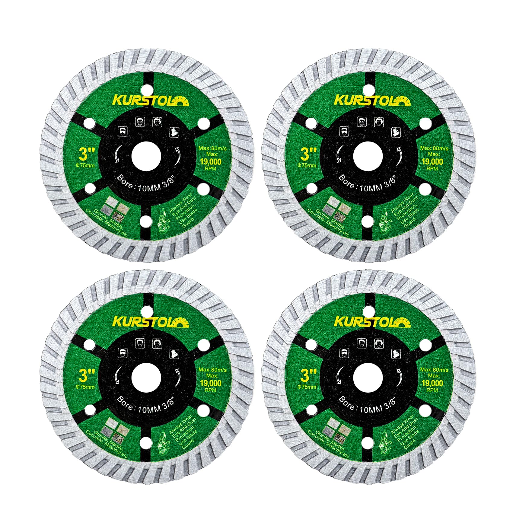 KURSTOL Concrete Diamond Saw Blade - 4pcs 75mm Granite Cutting Disc for Marble Masonry Natural Stone with 10mm Bore for Mini Angle Grinder