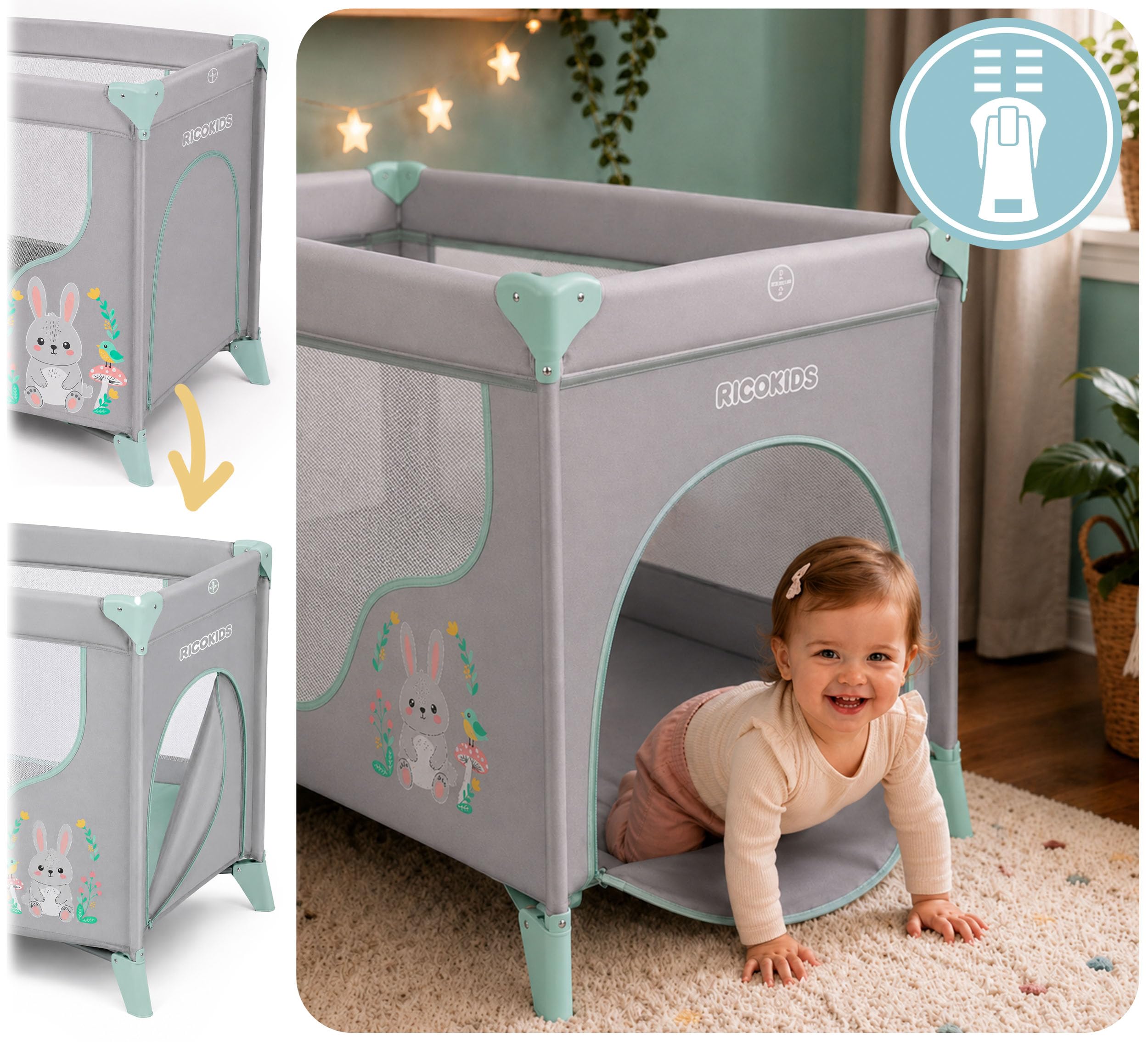 Ricokids Reisebett Baby Mit Matratze 123,5 x 64 x 76 cm Kinderreisebett Babybett Bis 15 kg 2 Räder Mit Bremsen Abnehmbarer Seiteneingang Transporttasche Faltbar Kompakt Hellgrau Lavendel