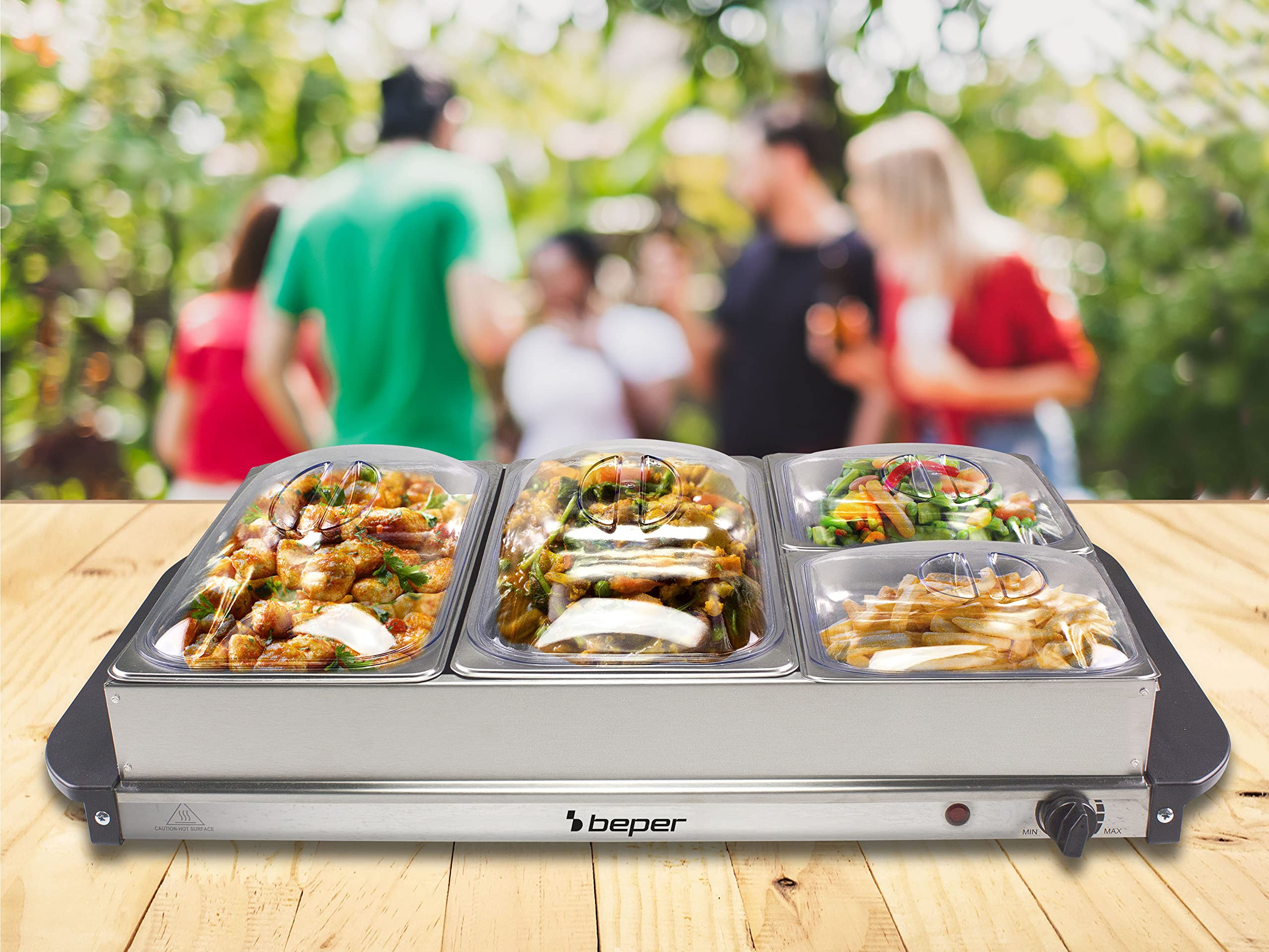 Beper P101TEM001 Scaldavivande per buffet, Acciaio inossidabile, 4 vassoi rimovibili, Termostato per la temperatura, Luce funzionamento, Ideale per buffet