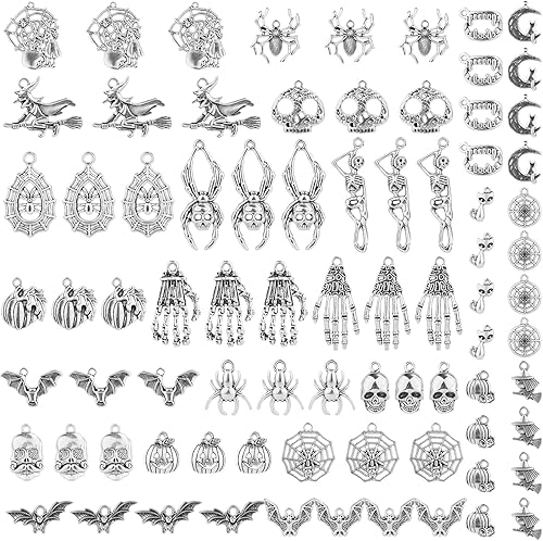 BOXOB 80 dijes de Halloween, colgantes de plata antigua, decoración de Halloween, fantasma, murciélago, calabaza, brujas, dijes de Halloween para