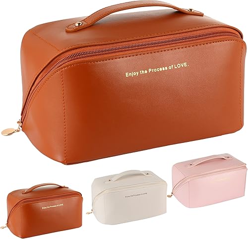 Bolsa de cosméticos de viaje de gran capacidad bolsa de maquillaje bolsa organizadora de maquillaje portátil impermeable de piel sintética Marrón