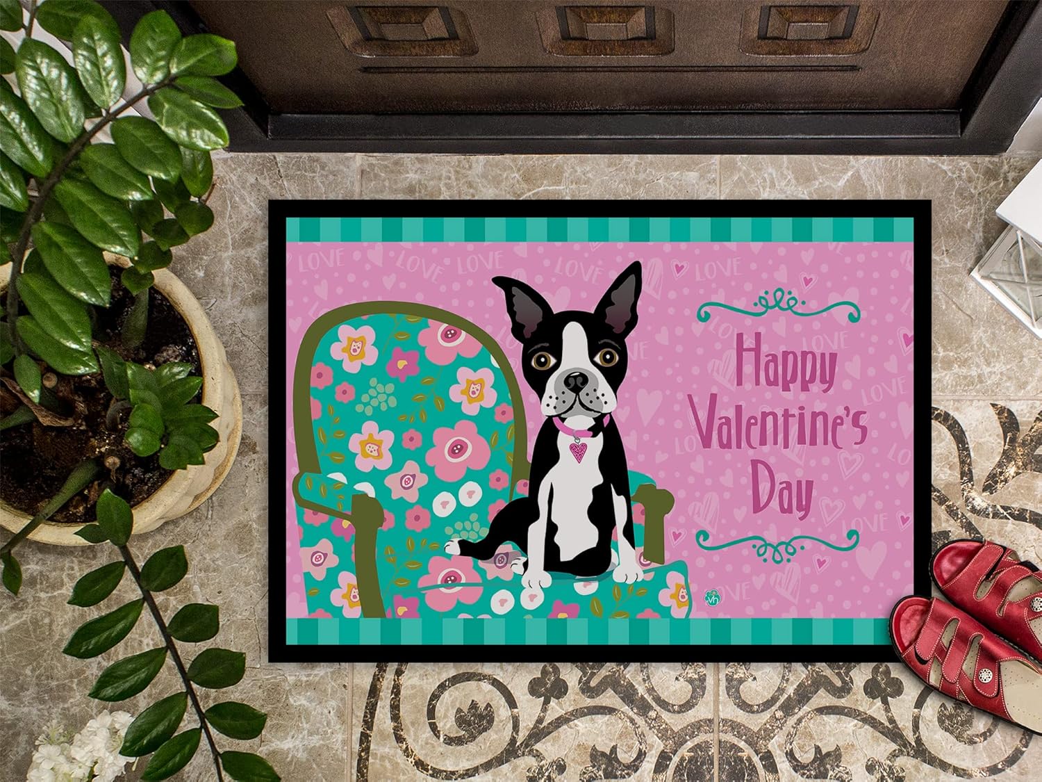 Caroline's Treasures VHA3001JMAT Happy Valentine's Day Boston Terrier Doormat 24x36 Front Door Mat Indoor Outdoor Rugs for Entryway, Non Slip Washable Low Pile, 24H X 36W