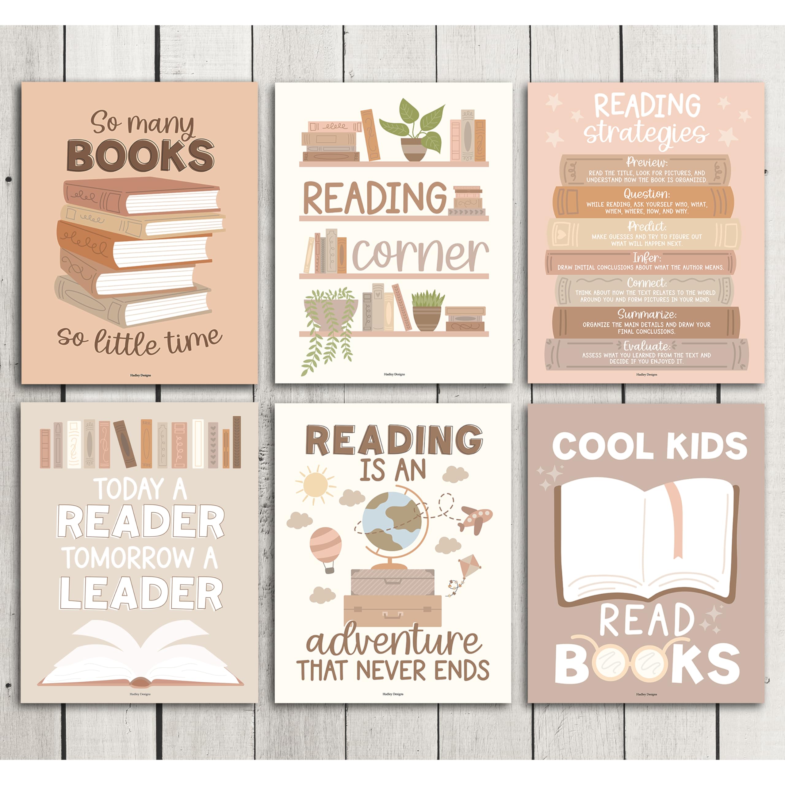 Hadley Designs 6 Motivational Reading Strategies Posters - Classroom and Library Decorations for Elementary School, Reading Corner and Literacy Wall Art - Boho Classroom Decor
