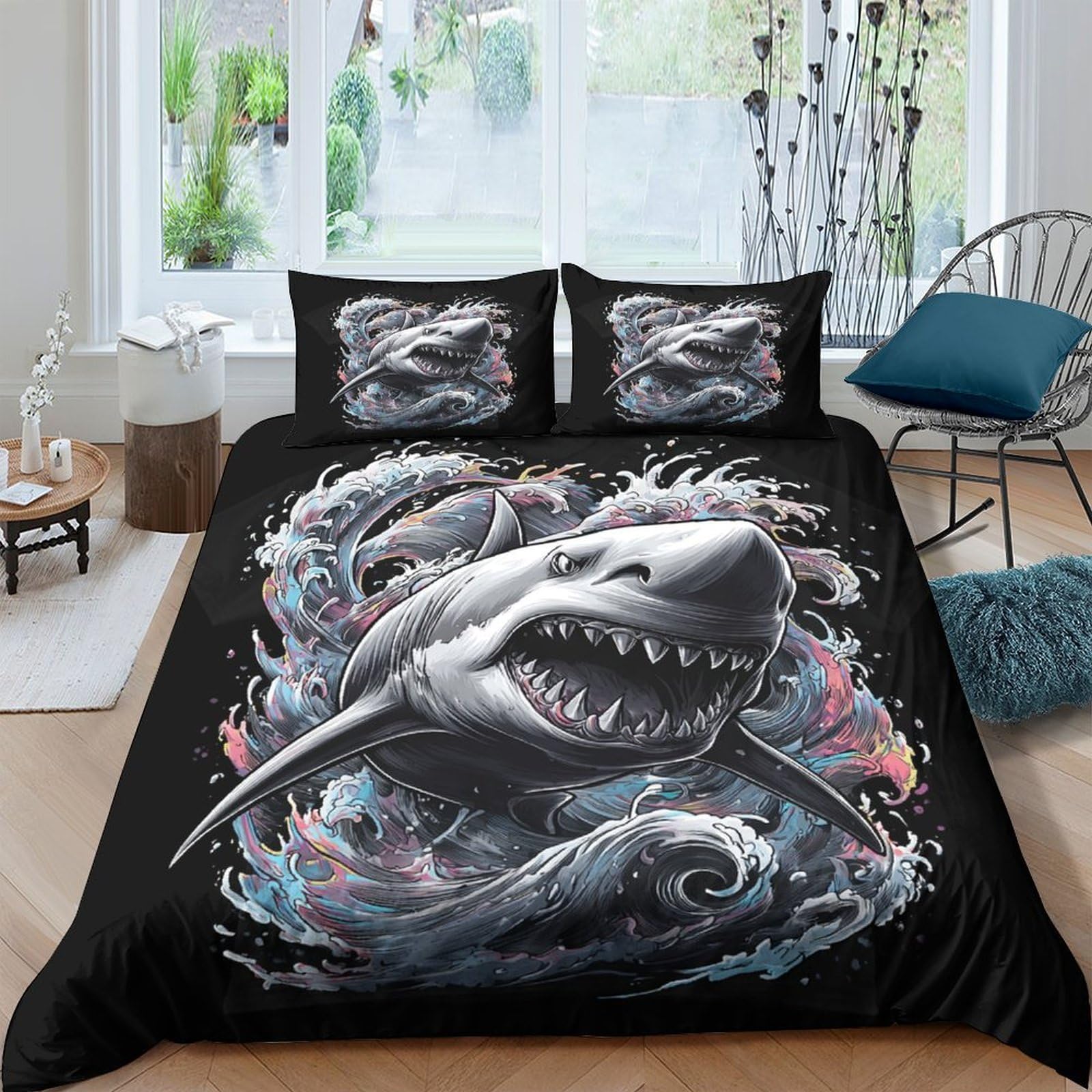 Ctjqhvkz Style-6 3D Printed Shark Ocean Wave Fitted Sheet Microfiber Non Slip Protection Bed Cover For Bedroom Dorm Decor Black Single（135X200cm）
